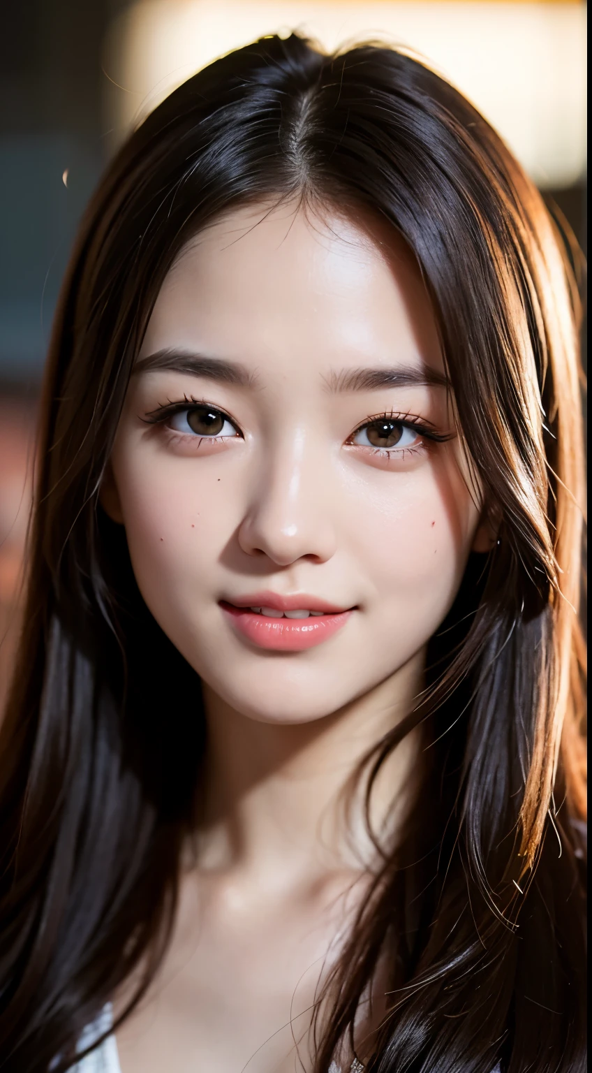 close up, masterpiece, best quality, original photo, Photorealism, Smile, beautiful girl, Lovely, long hair, depth of field, high resolution, ultra detail, detail, highly detailed eyes and face, sharp pupils, realistic student, sharp focus, Cinema lighting