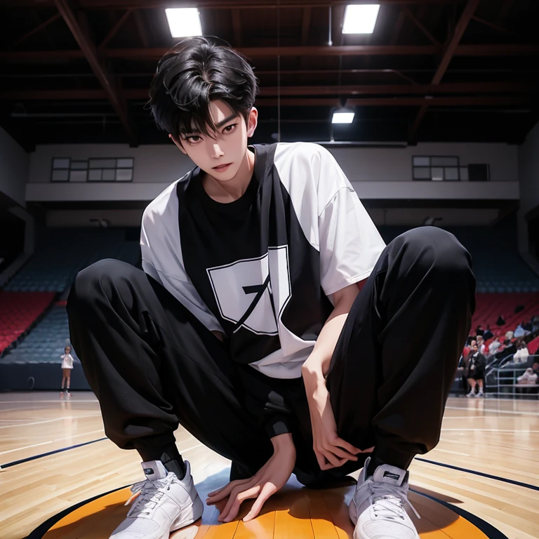 1 Korean young men，male，20 years old，High，Height 180 cm，Hair  medium length，black jersey，black long pants，White high top aj basketball shoes，White sport socks，Sit on the basketball court，Feet reach for the lenadass anime 4k ，POV perspective，Proud，Cold，looking into camera，