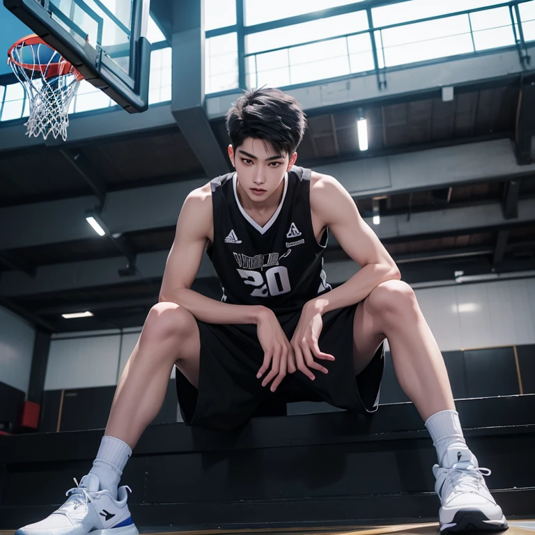 1 Korean young men，male，20 years old，High，Height 180 cm，Hair  medium length，black jersey，black long pants，White high top aj basketball shoes，White sport socks，Sit on the basketball court，Feet reach for the lenadass anime 4k ，POV perspective，Proud，Cold，looking into camera，