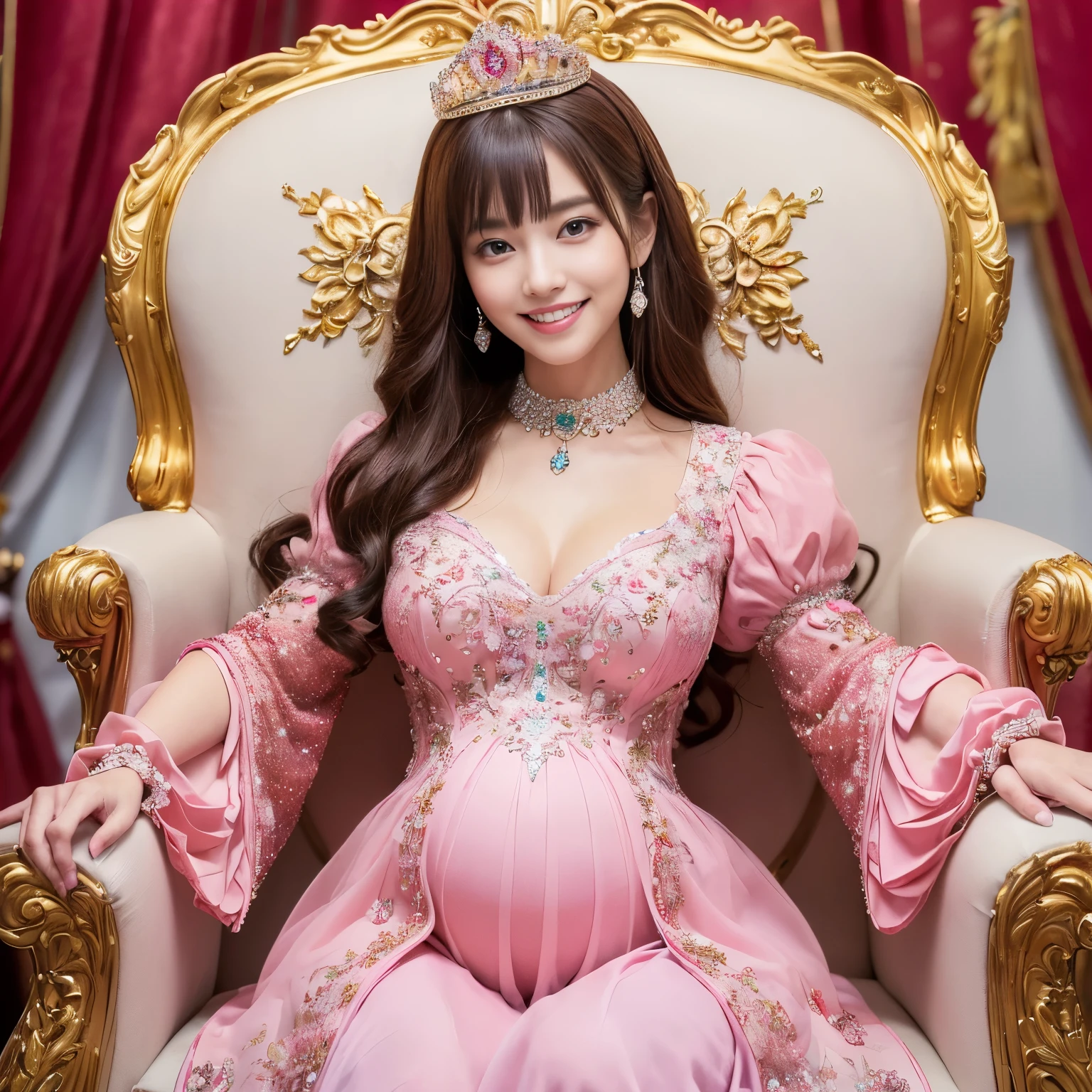 (((highest quality, debris flies, ultra high resolution、the most complex and detailed depiction、Awards, 8K、bright and vivid)))、((1 Japan princess,pregnancy,The ultimate luxury with everything you can imagine,The most gorgeous costumes in red and pink,red and pink costume,超巨大なthroneに座る,The most intricate and luxurious luxury princess room,shine intricately,red and pink sparkle、beautiful brown hair、Front fixed,The best smile staring at the camera,Please smile big,Smile affectionately at me,Shooting from close to the face)),((最もゴージャスなthrone、High-end red and pink costumes、large amount of jewelry decoration,The largest giant tiara in the world,detailed jewelry,detailed decoration,Glitter costumes,shining jewel、Huge decoration,giant costume,Huge sleeves,artistic decoration,very detailed decoration,very intricate decoration)),(big and full breasts,be familiar with,royal, majestic, Queen, empress quality,table top, intricate details,realistic,, front close-up, throne, Upright posture, be familiar with顔,perfect teeth,white teeth,finely描かれた顔,beautiful face,perfect fingers,exact 5 fingers,High-definition RAW color photo, professional photos, very delicate and beautiful, very detailed,finely)), (Huge and magnificent seats:1.2),