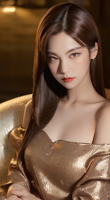 ((night view、realistic light、Highest image quality、8k、masterpiece:1.3))、1 girl、Beautiful slim figure:1.4、(brown hair、Medium chest:1.3)、off shoulder cut top:1.3、sofa、super detailed face、Details、double eyelid