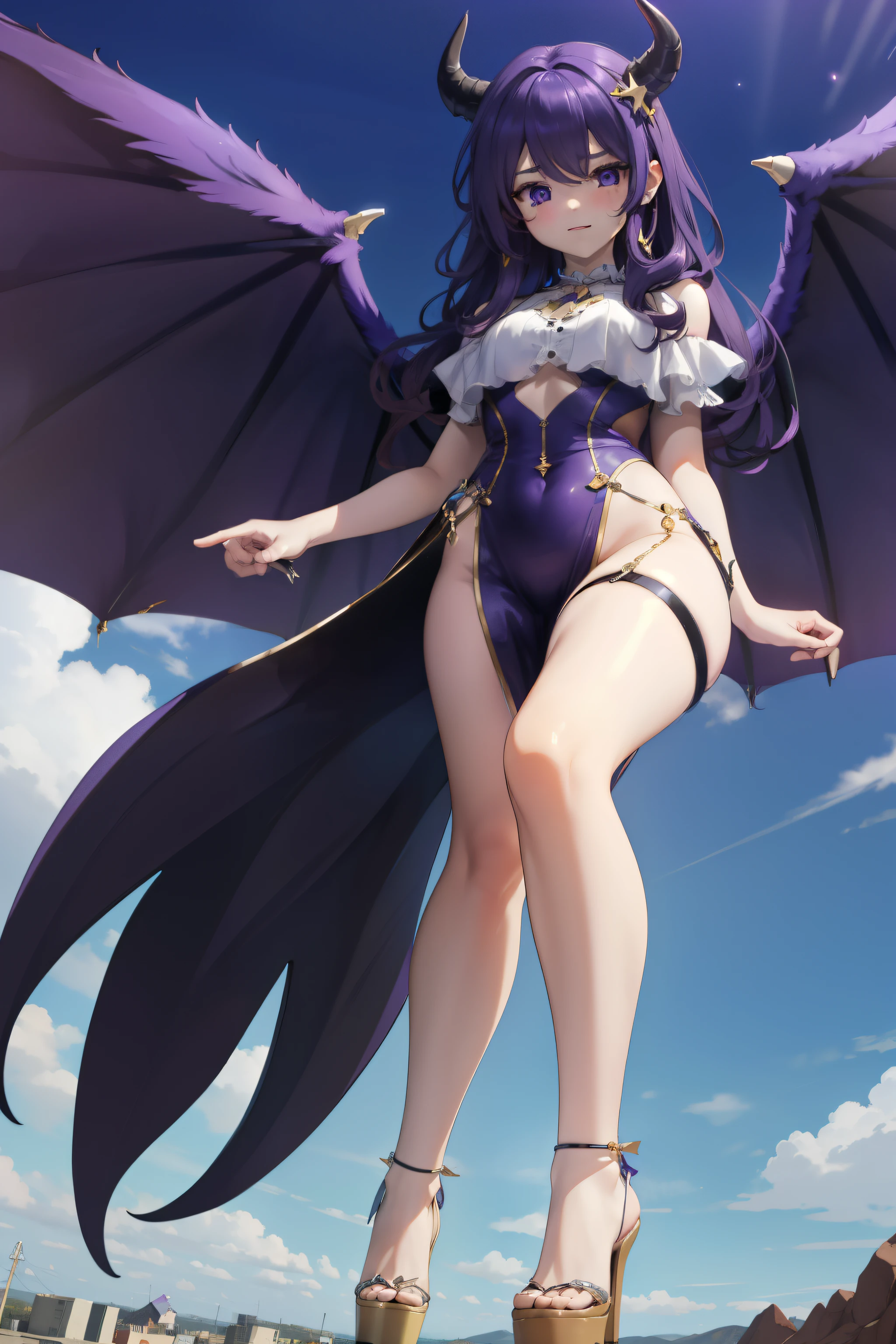 giant girl 50,000 feet high,Possessing a pair of huge demon wings,Has waist-length purple hair,loose hair,Wear a pair of high heels,Purple curly hair,A look of enjoyment,Standing in a crowded town, wantonly destroy them,As if it an invincible existence