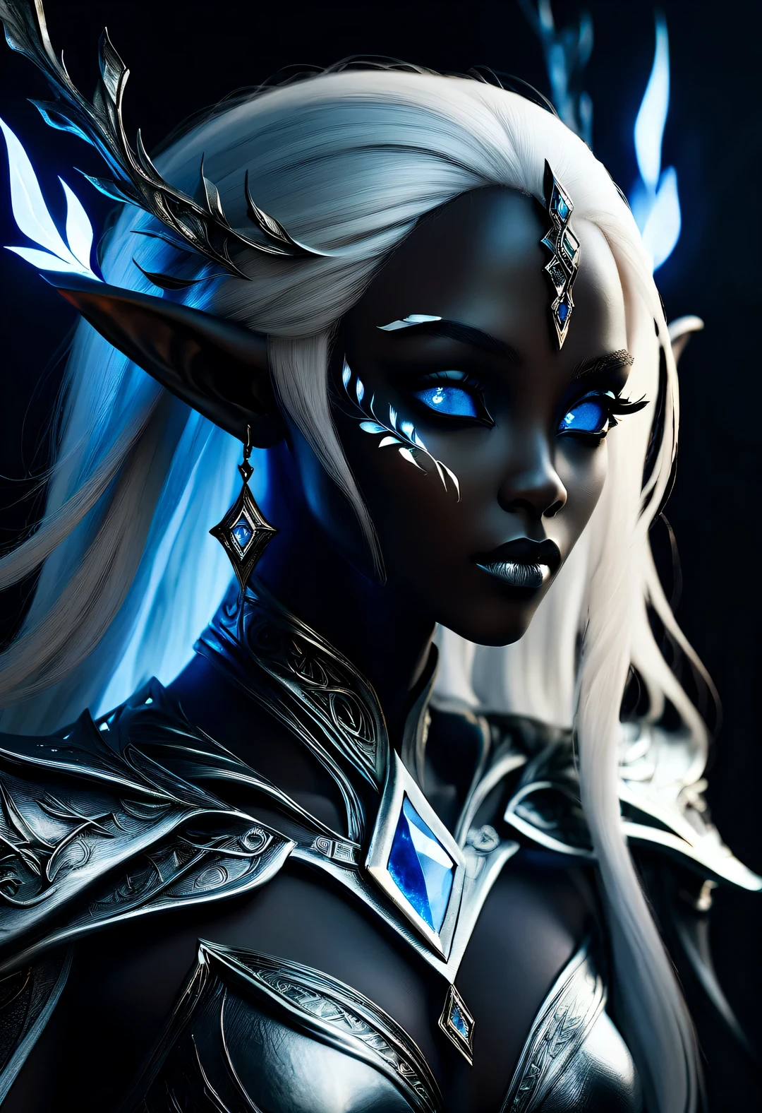 Charming nordic dark elf closeup portrait, Blonde hair, blue eyes, Exceptionally beautiful, minimalist, eternal melancholy, Stylish photography style, Dramatic firefly light, black to black. Dark elves have dark skin and silver hair, This  a symbol of evil asymmetrical composition, concept fantasy, intricate details