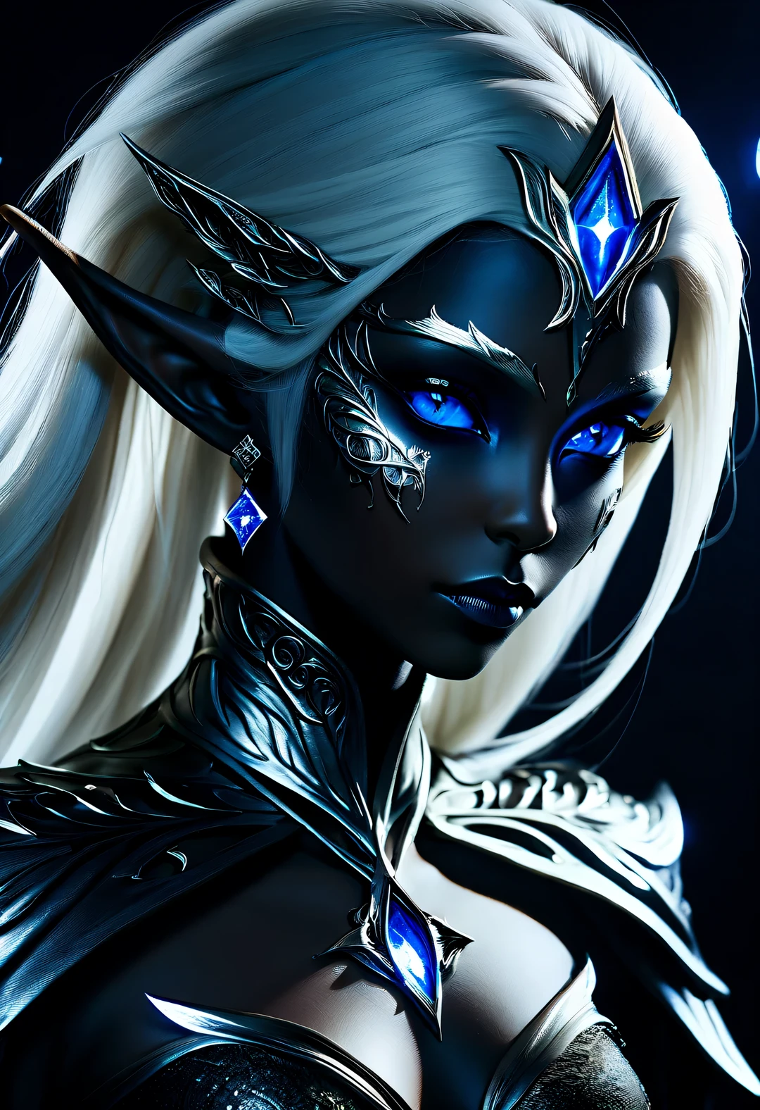 Charming nordic dark elf closeup portrait, Blonde hair, blue eyes, Exceptionally beautiful, minimalist, eternal melancholy, Stylish photography style, Dramatic firefly light, black to black. Dark elves have dark skin and silver hair, This  a symbol of evil asymmetrical composition, concept fantasy, intricate details