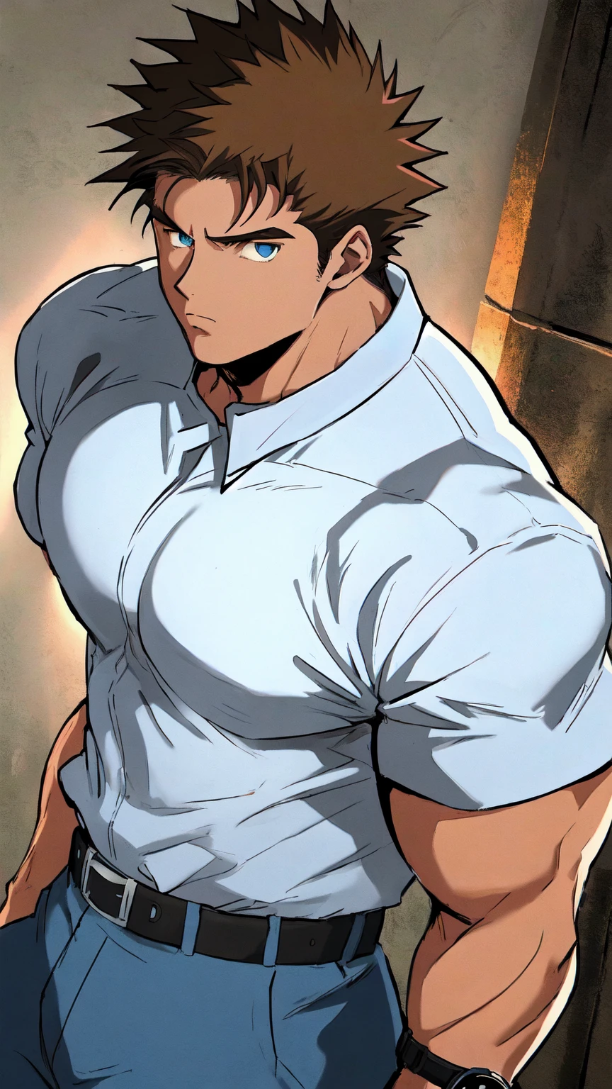 ((arte estilo anime)), Masterpiece, best quality, high resolution ,, grain, solo, adult male, muscular, stocky, bodybuilder,  from the waist up ,dynamic angle, spiky hair, blue eyes ,brown hair,short sleeve , masculine face, watch,narrow eyes,stern eyes,glare, {{blue military uniform}｝