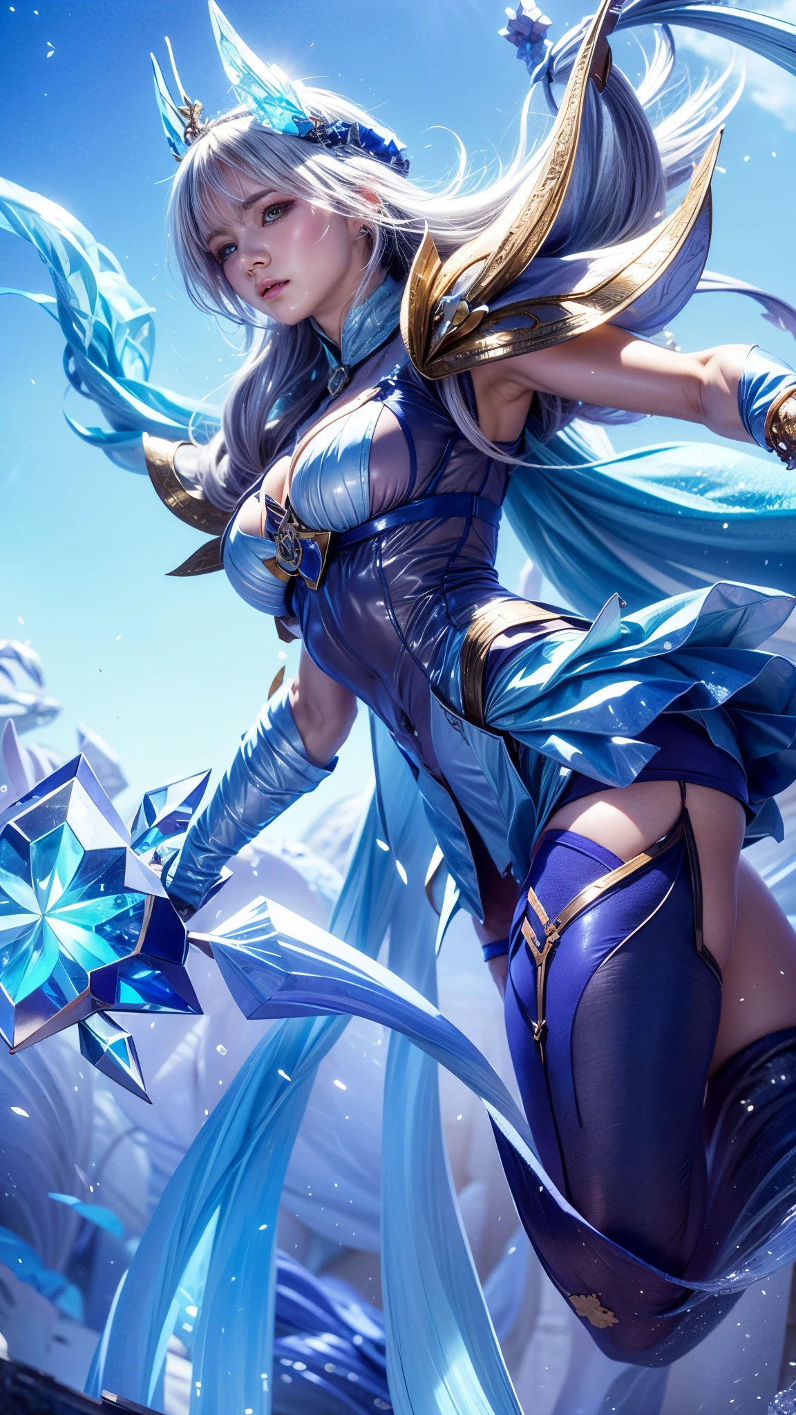 a close up of a woman in a blue outfit holding a sword, crystalline skin, ashe, ice sorceress, ice crystal armor, freezing blue skin, irelia, ice mage, crystal maiden, ig model | artgerm, icey, ahri, splash art, mobile legends, official splash art, extremely detailed artgerm, mobile wallpaper