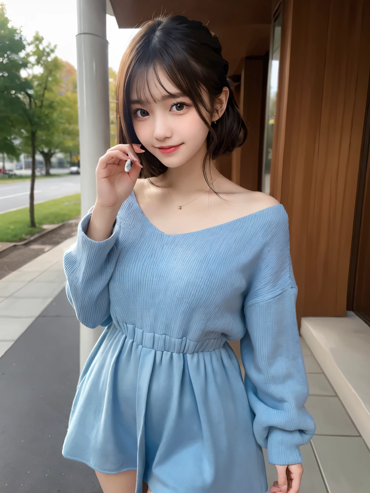finely, High resolution, high quality、完璧なダイナミックな構figure, beautiful and fine eyes, , small breasts、natural color lip、20 year old girl、1 person、transparent skin、shining hair, 最high quality, figure, super detailed, finely, High resolution, 8K、correct state of the human body、random cute hairstyle,beautiful feet,perfect beautiful face,KPOP idol face,smile、cami type dress、Winter clothes、