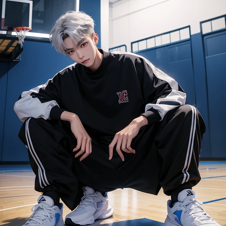 1 Korean young men，male，20 years old，High，Height 180 cm，Hair  medium length，Black sweatshirt，black long pants，White high top aj basketball shoes，White sport socks，Sit on the basketball court，Feet reach for the lenadass anime 4k ，POV perspective，Proud，Cold，looking into camera，