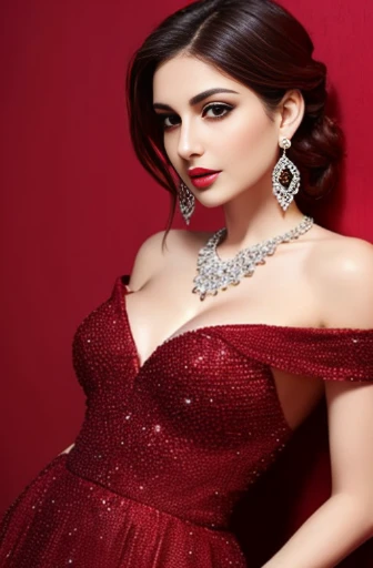 Lebanese woman, diamond dangling earrings, necklace, bracelets, small breasts, 40 years old, smokey eyes, cleavages, red lips, innocent face, red fashion strapless ball gown, stylish hairstyle, posing, modeling, off-shoulder