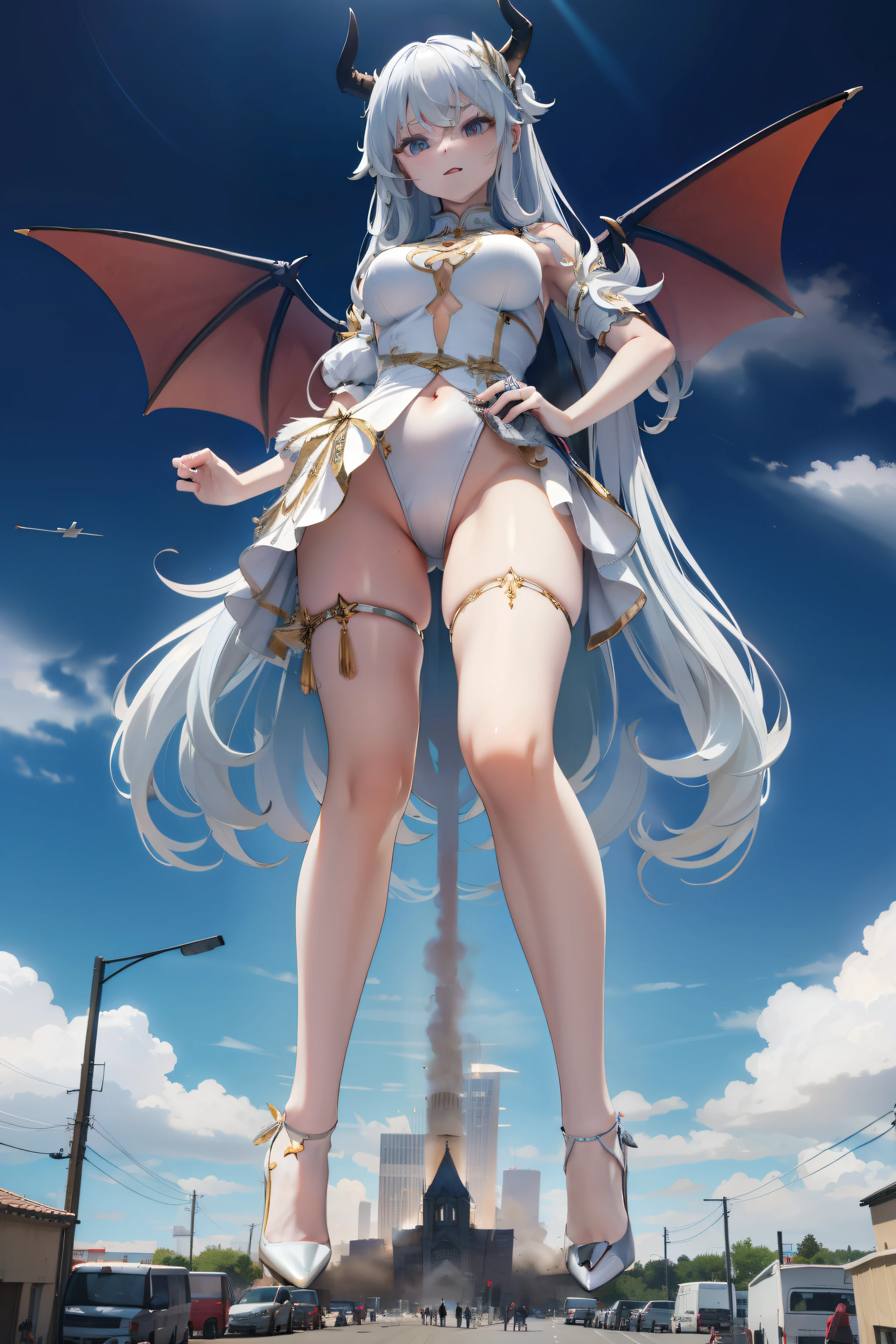 giant girl 50,000 feet high,Possessing a pair of huge demon wings,Has waist-length white hair,loose hair,Wear a pair of high heels,white curly hair,A look of enjoyment,Standing in a crowded town, wantonly destroy them,As if it an invincible existence