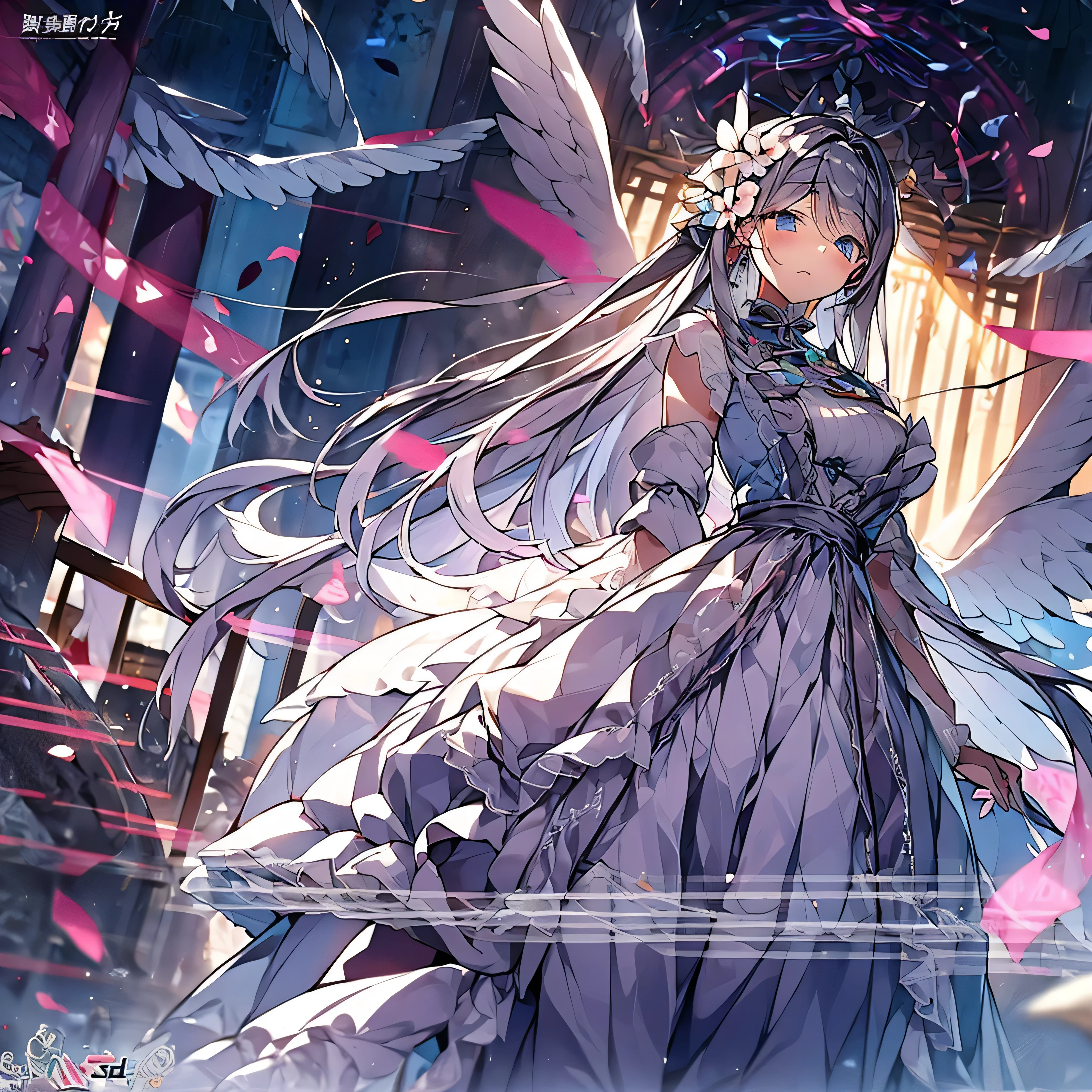 8K　4K　beautiful images　masterpiece　super high quality　wallpaper　beautiful少女　aristocratic dress　church　light　angel wings　fantasy　one girl　1 girl　beautiful　beautiful　flower　廃墟のchurch 超美麗　ultra high resolution　a saint full of mercy　Estrus　praying girl　lightが降り注ぐ　silver hair　flower飾り　garter belt　white　Cang　Flapping wings　舞い散るflowerびら　blue eyes　whiteい翼　