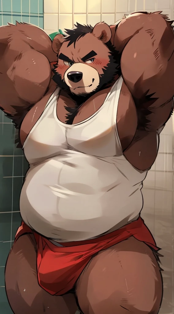 Chubby, furry,male, anthro bear, very plump, middle aged, Thick beard, seductive, hand behind head, detailed , half body, tight tank top, extremely hot and sexy, by hyaku, by darkgem, by glitter trap boy, in the shower, looking at you, 