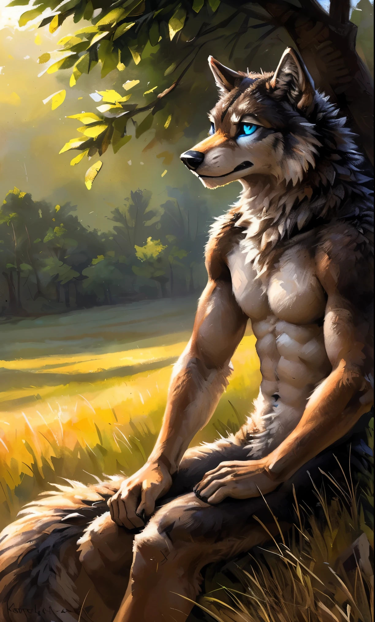 ((Solo)), male people, anthro wolf, (Multi-colored fur, White-brown:1.3,White tail pointed), (Height 2.1m,Tail length 1.5m), ((Wolf face, Big eyes, White eyelids, Blue pupil, Slim:1.2) (Tough, Calm expression:1.2)), Abs, Slim, pinging)), (Correct anatomy), Naked all over the body,A long big tail,Feet,(Realistic fur, Detailed fur texture, labeled:1.3)), (Natural lighting), Photorealistic, Hyperrealistic, ultradetailed, by Kenket,Field,No artifacts