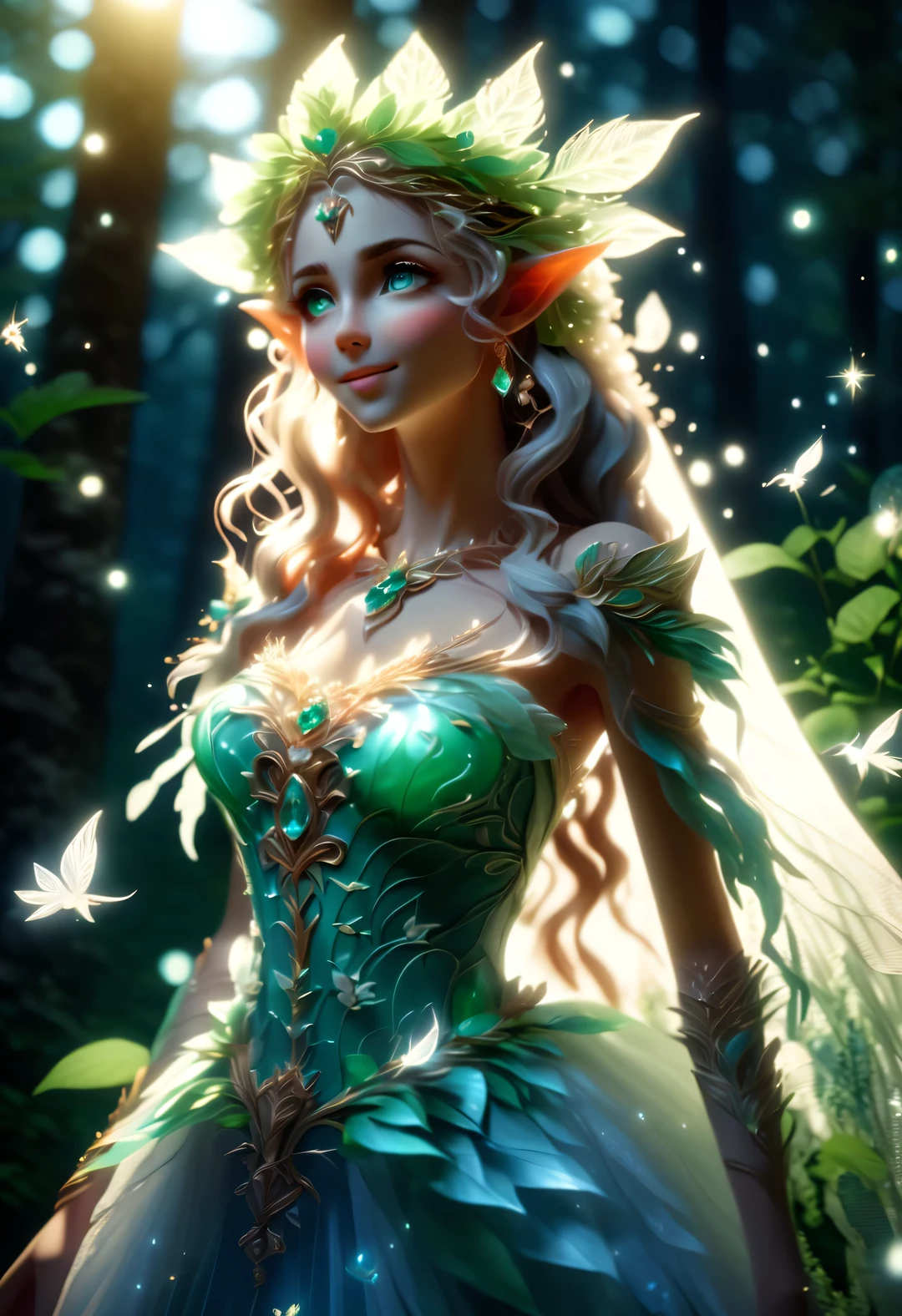 (Bust close-up portrait), 年轻美丽的光精灵sparkling, sparkling,It looks very beautiful. They are usually mild-mannered, happy and enthusiastic, Able to communicate with trees, Flowers and plants, fish and birds, Have the perfect figure, radiant skin, expressive eyes, High cheekbones, Delicate nose, bright smile, flowing hair, and wear an exquisite lace wedding dress, Forest background under moonlight,
Advertising style shoot, romantic wedding photography style, soft natural light, Shot with Canon AE-1 film camera, Lens 50mm, F/1.8, light depth of field, pastel color palette, Very detailed, 8k,