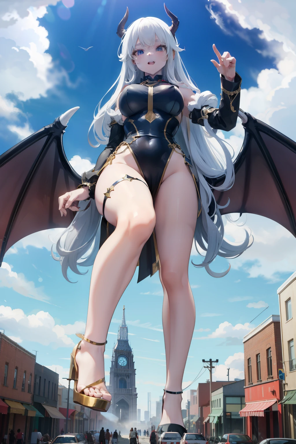 giant girl 50,000 feet high,Possessing a pair of huge demon wings,Has white waist-length hair,loose hair,Wear a pair of high heels,white curly hair,A look of enjoyment,Standing still in a crowded town, wantonly destroy them,As if it an invincible existence