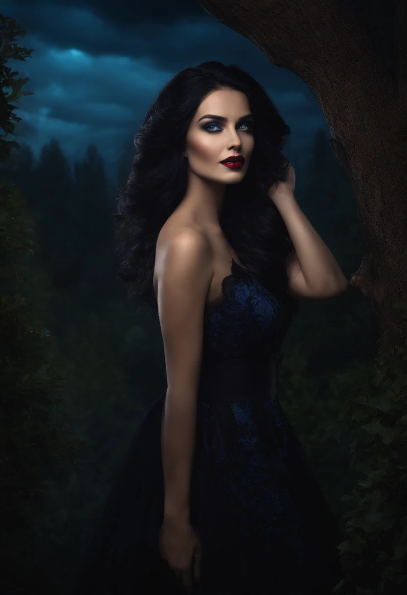 Create a vampire woman in sensual clothing smiling with black hair and blue eyes with a background containing trees and a dark sky