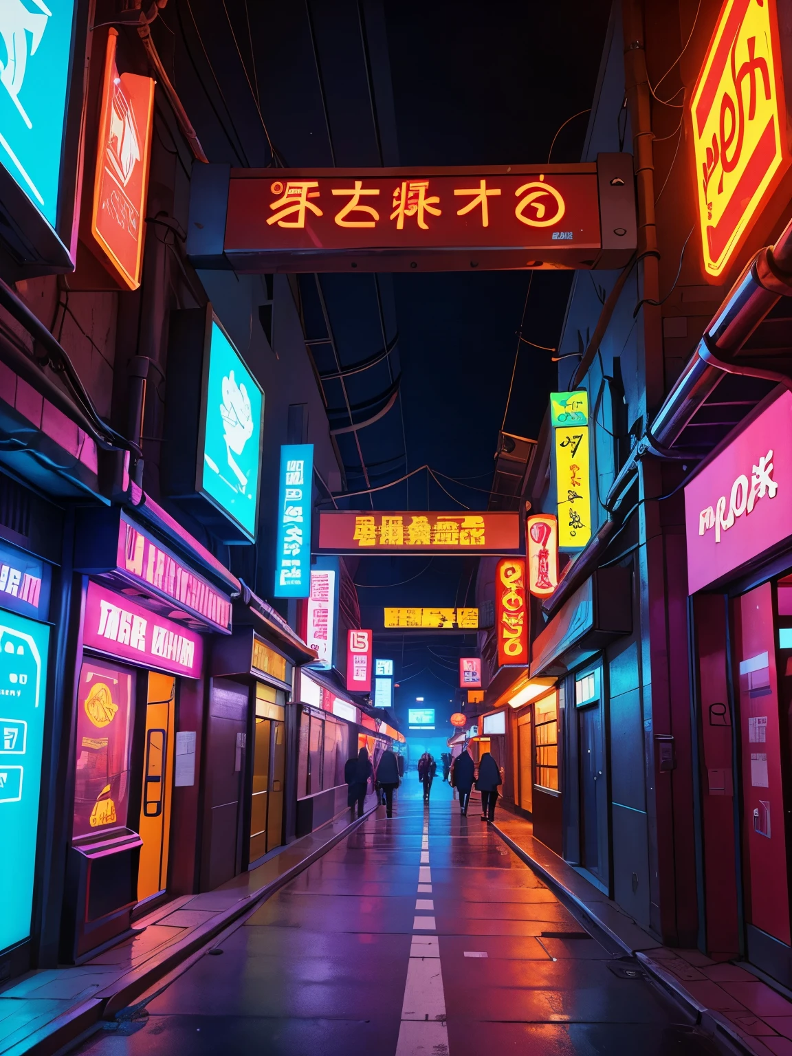 futuristic atmosphere。An underground town that exists beneath a city with a thorough management system.。Three-dimensional connecting passageways intersect here and there between the rows of buildings.、Neon signs shine on the wall。