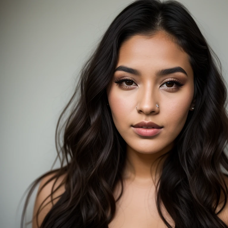 24 year old female, She is tanned with large lips and almond eyes and dark long wavy hair. Portrait photo in a style of a selfie.