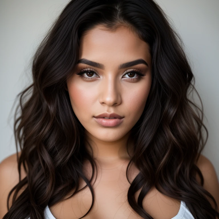 24 year old female, She is tanned with large lips and almond eyes and dark long wavy hair. Portrait photo in a style of a selfie.