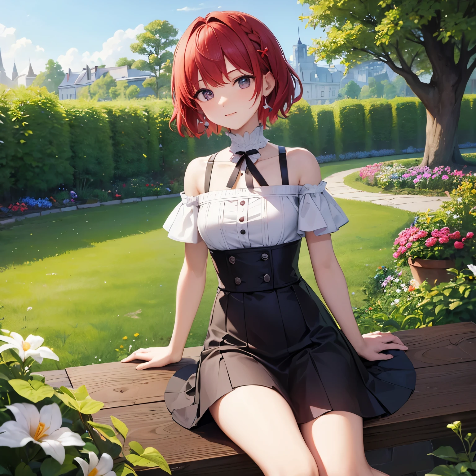 ((highest quality)), ((masterpiece)), (be familiar with), perfect face,small breasts,garden,red hair,No hair ornament,short hair