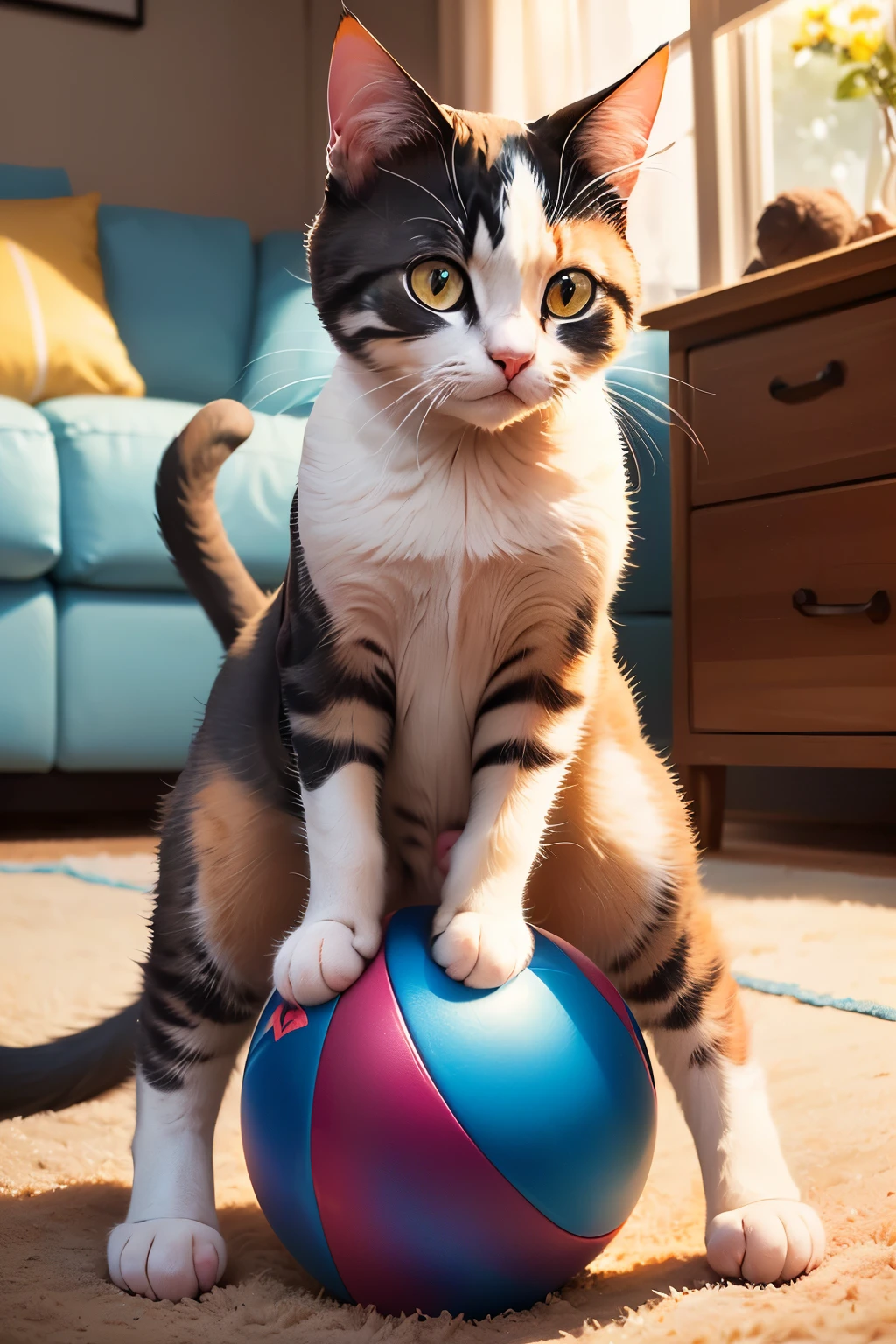 A cute newborn female cat playing with a ball in the living room 8k