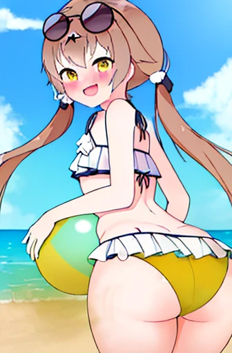 Highest image quality、masterpiece、High resolution、solo、{hifumi_bluearchive:1.15}、long hair、twin tails、ローtwin tails、yellow eyes、light brown hair、blush、open mouth、bangs、smile、clavicle、1 girl、bikini、noon、wears glasses on head、frills付きbikini、frills、null、sunglasses、swimsuit、白bikini、cloud、belly button、field、青null、Ocean、feminine smell、Farts、embarrassing、My stomach is growling、Gas comes out of the butt、attach your butt to the beach ball、inflate a beach ball with your butt