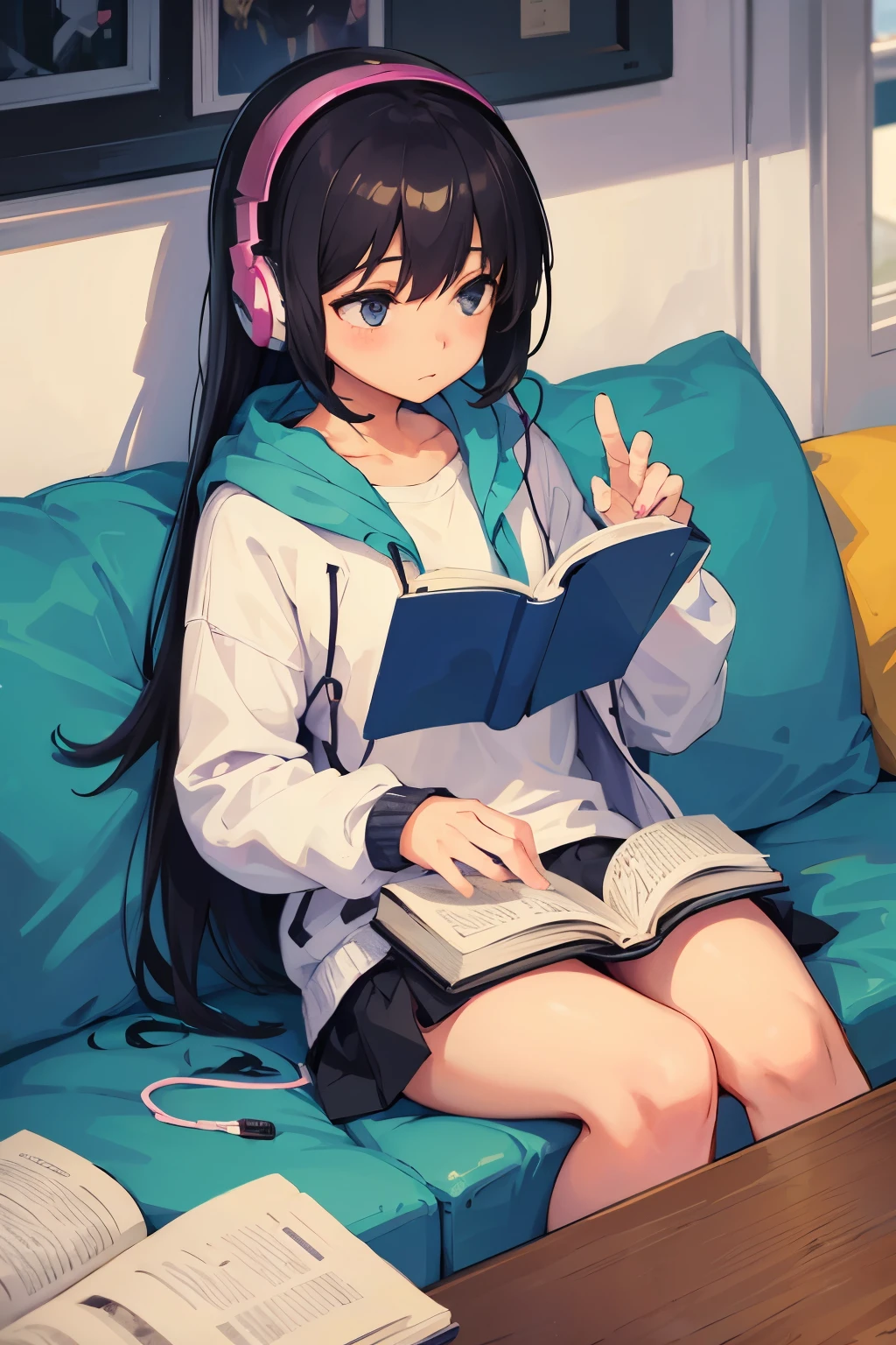 girl listens to music with headphones and reading book