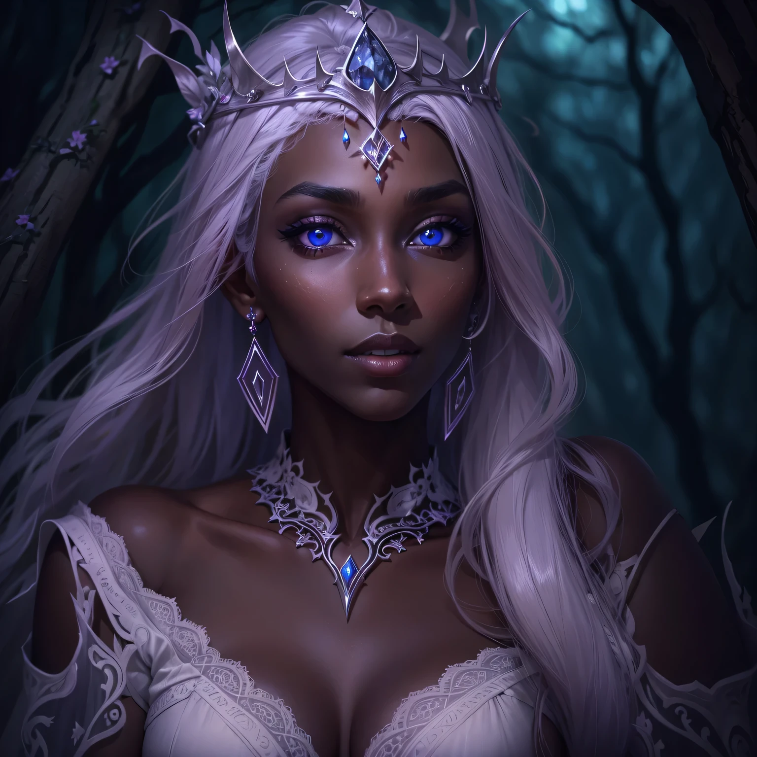 night elf queen,portrait,sharp focus,blue eyes,Flowing white hair,Salient features,Detailed lips,dark skin,mysterious smile,thorn crown,exquisite jewelry,long and pointed ears,charming gaze,black lace dress,veil,Moonlight Garden,Forest background under moonlight,Moonlight casts shadows,dark aura,Stylish design,ethereal beauty,nipple process,The presence of majesty,charming gaze,subtle glow,ethereal light).(best quality,4K,8k,high resolution,masterpiece:1.2),Super detailed,(actual,photoactual,photo-actual:1.37),