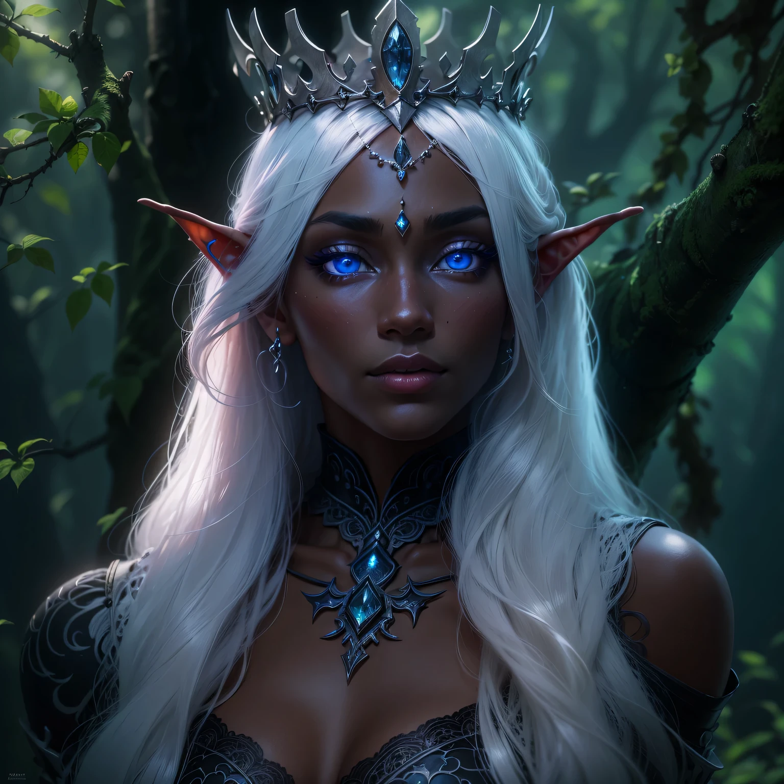 night elf queen,portrait,sharp focus,blue eyes,Flowing white hair,Salient features,Detailed lips,dark skin,mysterious smile,thorn crown,exquisite jewelry,long and pointed ears,charming gaze,black lace dress,veil,Moonlight Garden,Forest background under moonlight,Moonlight casts shadows,dark aura,Stylish design,ethereal beauty,nipple process,The presence of majesty,charming gaze,subtle glow,ethereal light).(best quality,4K,8k,high resolution,masterpiece:1.2),Super detailed,(actual,photoactual,photo-actual:1.37),