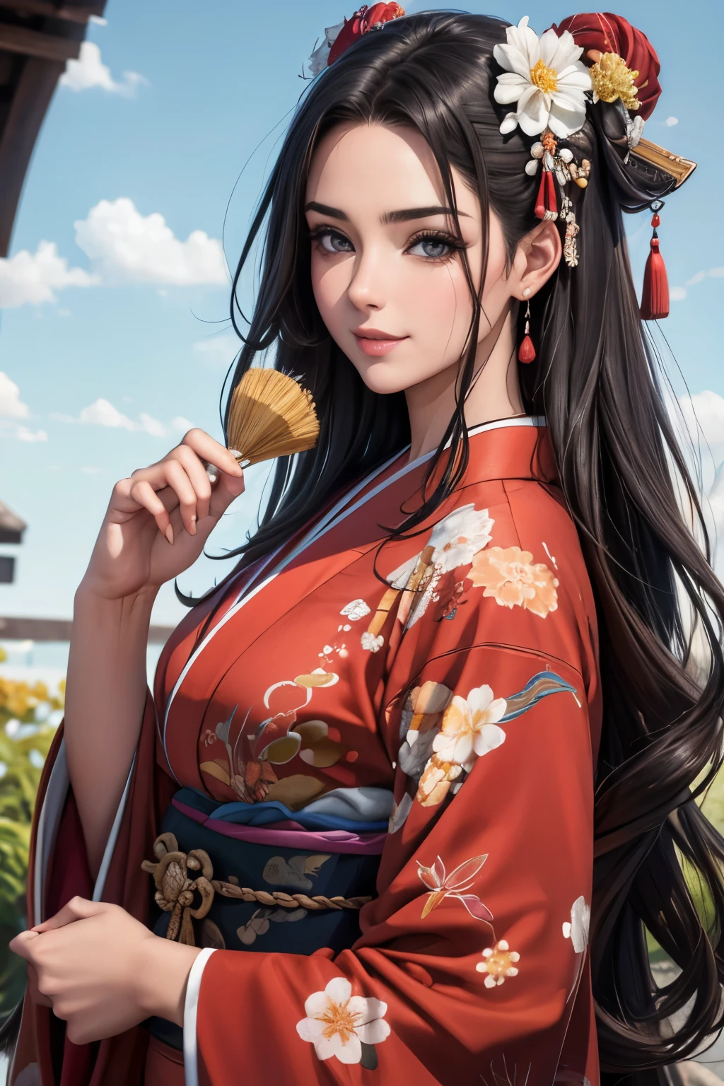 (obra maestra), Mejor calidad, ojos expresivos, cara perfecta Hermosa caricatura de mujer japonesa, dibujos animados lindo anime, beautiful japanese kimono, There is a dragon embroidered on the kimono.. color kimono negro y rojo, mujer japonesa pelo largo, color de pelo negro, cola de caballo estilo de pelo, single eyelids, Estilo de ojos encapuchados, sensuales, hundidos, captivating and enigmatic., facial expression smile., beautiful picture situation.