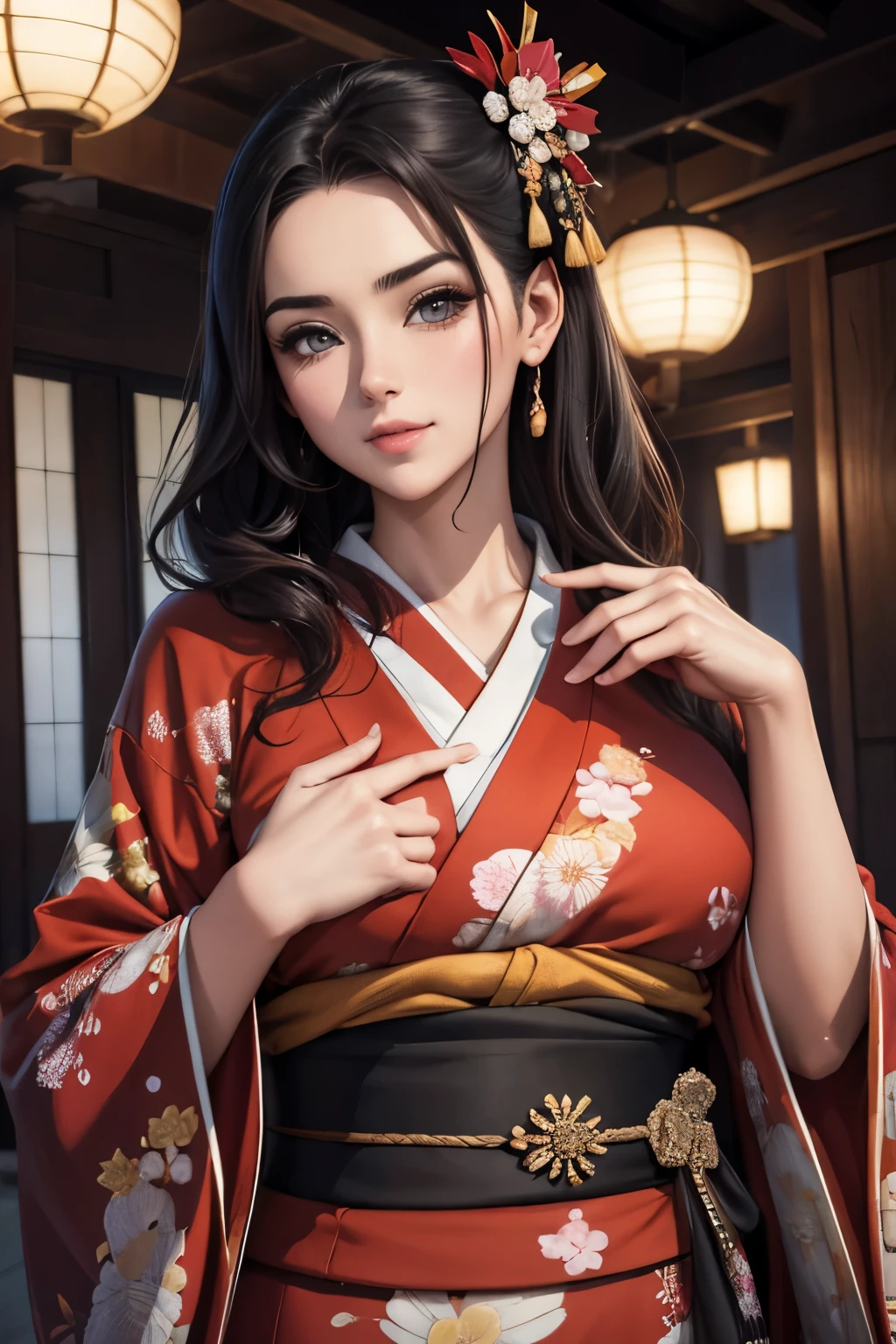 (obra maestra), Mejor calidad, ojos expresivos, cara perfecta Hermosa caricatura de mujer japonesa, dibujos animados lindo anime, beautiful japanese kimono, There is a dragon embroidered on the kimono.. color kimono negro y rojo, mujer japonesa pelo largo, color de pelo negro, cola de caballo estilo de pelo, single eyelids, Estilo de ojos encapuchados, sensuales, hundidos, captivating and enigmatic., facial expression smile., beautiful picture situation.