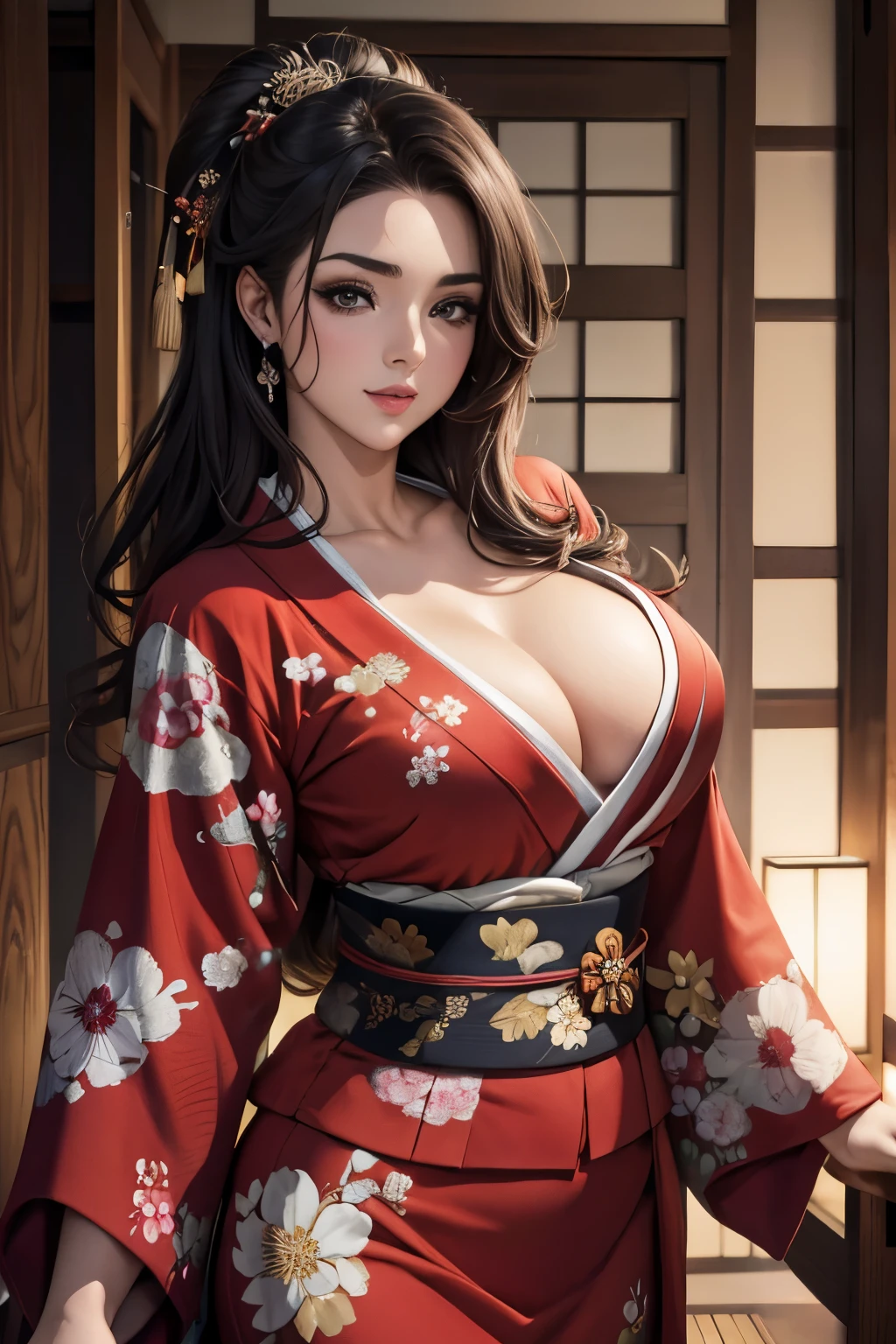 (obra maestra), Mejor calidad, ojos expresivos, cara perfecta Hermosa caricatura de mujer japonesa, dibujos animados lindo anime, beautiful japanese kimono, There is a dragon embroidered on the kimono.. color kimono negro y rojo, mujer japonesa pelo largo, color de pelo negro, cola de caballo estilo de pelo, single eyelids, Estilo de ojos encapuchados, sensuales, hundidos, captivating and enigmatic., facial expression smile., beautiful picture situation.