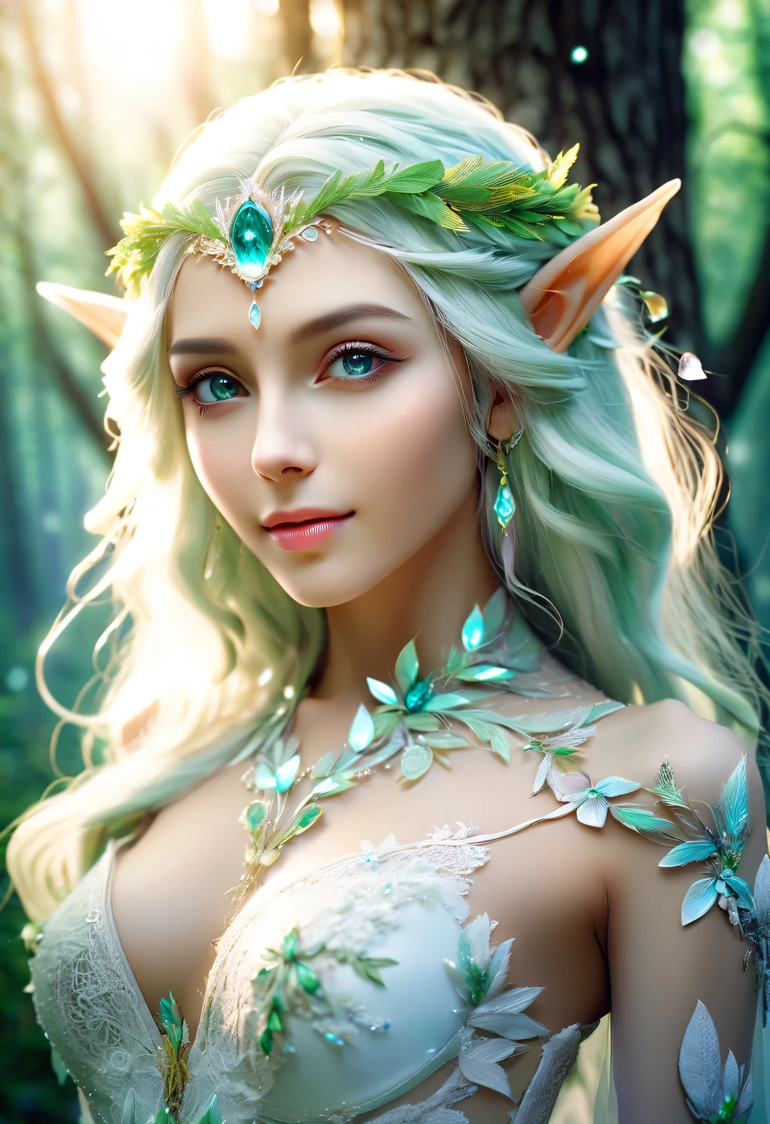 (Bust close-up portrait), 年轻美丽的光精灵sparkling, sparkling,It looks very beautiful. They are usually mild-mannered, happy and enthusiastic, Able to communicate with trees, Flowers and plants, fish and birds, Have the perfect figure, radiant skin, expressive eyes, High cheekbones, Delicate nose, bright smile, flowing hair, and wear an exquisite lace wedding dress, Forest background under moonlight,
Advertising style shoot, romantic wedding photography style, soft natural light, Shot with Canon AE-1 film camera, Lens 50mm, F/1.8, light depth of field, pastel color palette, Very detailed, 8k,