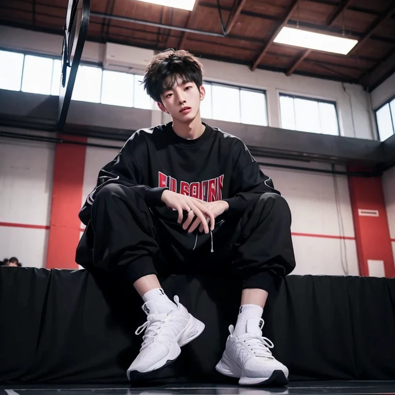 1 Korean Youth,male people,20yr old,Hair is medium length,Red sweatshirt,Black shorts,Red and white high top basketball shoes,sitted,looking-down,lift the foot,Badass anime 4k