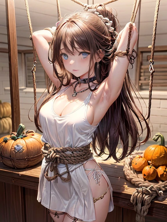 ((masterpiece)), ((highest quality)), (super detailed), NSFW, ((torture chamber)),(torture),(((A rope that ties the waist tightly))),(((Gourd blame))),pretty girl, 1 girl, alone, (white mini tank top dress),(The chained arms are bound、Can be hung from the ceiling),((thin waist)),((BDSM)),beautiful brown hair, beautiful blue eyes beautiful eyes), long hair,troubled expression