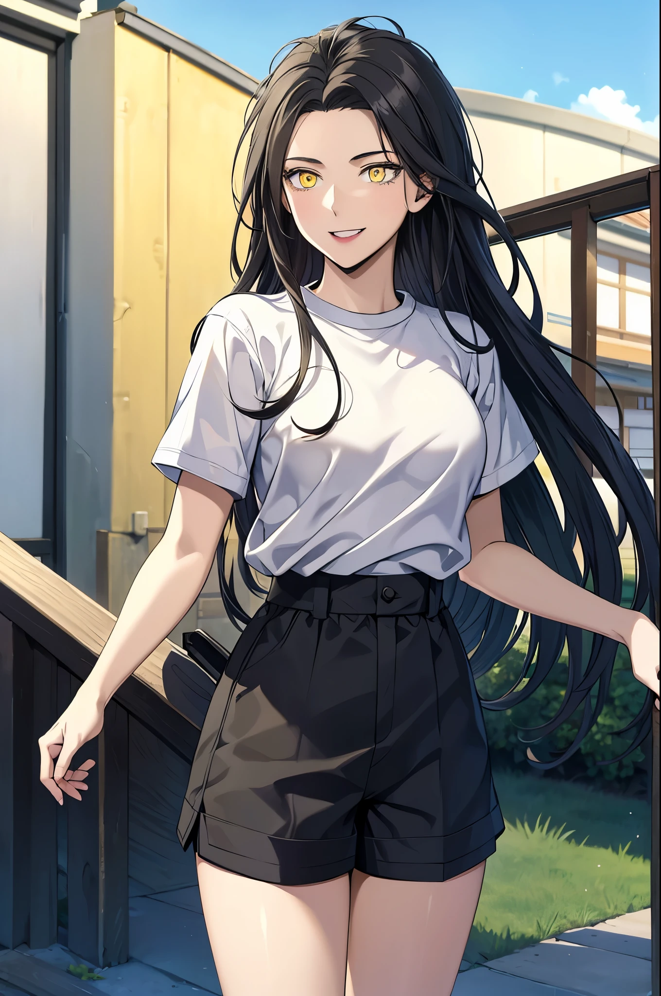 masterpiece, best quality, 1girl, smile, cowboy shot, solo, outdoors, japanese town, fantasy town,black hair,masterpiece,best quality,highres,ultra-detailed,aashizue,yellow eyes, shirt, white shirt, short sleeves, shorts, black shorts, dolphin shorts
