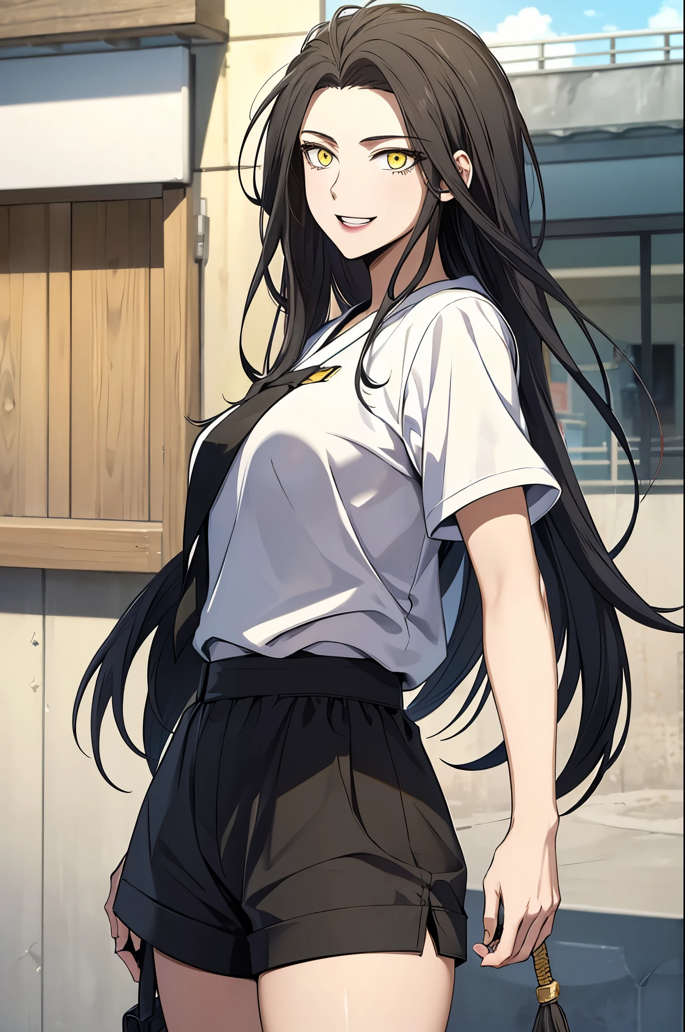 masterpiece, best quality, 1girl, smile, cowboy shot, solo, outdoors, japanese town, fantasy town,black hair,masterpiece,best quality,highres,ultra-detailed,aashizue,yellow eyes, shirt, white shirt, short sleeves, shorts, black shorts, dolphin shorts
