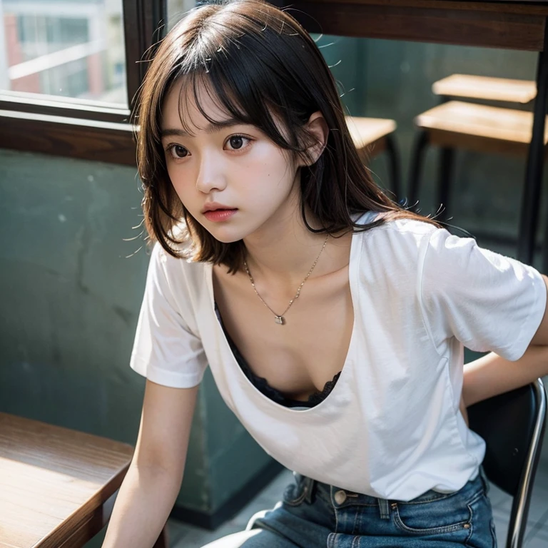 absurdres, RAW photo, extremely delicate and beautiful, masterpiece, Best Quality, ultra high resolution, 32k, hyperrealistic, ultra-detailed, perfect anatomy, perfect figure, super Detailed skin, 20 years old, very Slim body, narrow waist, very small head, very small face, delicate facial features, tearful mole, earring, thin legs, bare legs, very huge round breasts, short medium hair, wavy hair, wet clothes, hoodie, jacket, skirt, collared dress shirt,