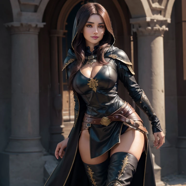 "(best quality,8K,highres,masterpiece:1.2),beautiful,detailed face,smiling and mesmerizing,dark chestnut hair,wearing black armor with magical ruins motif.emphasized chest area", arab decent, short and thin, with a hooded cloak, and short leather skirt and thigh high boots