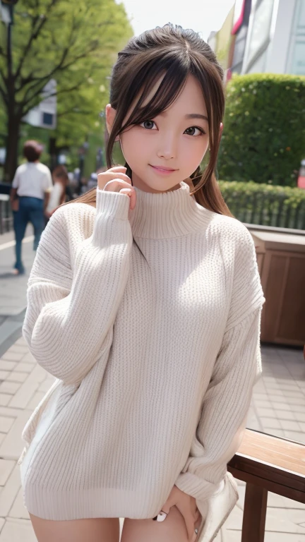 table top, highest quality, figure, super detailed, finely, High resolution, 8k wallpaper, 完璧なダイナミックな構figure, beautiful and fine eyes, Winter casual wear,medium hair,small breasts、natural color lip, bold sexy pose,smile,Harajuku、20 year old girl、cute、sexy shot looking at camera