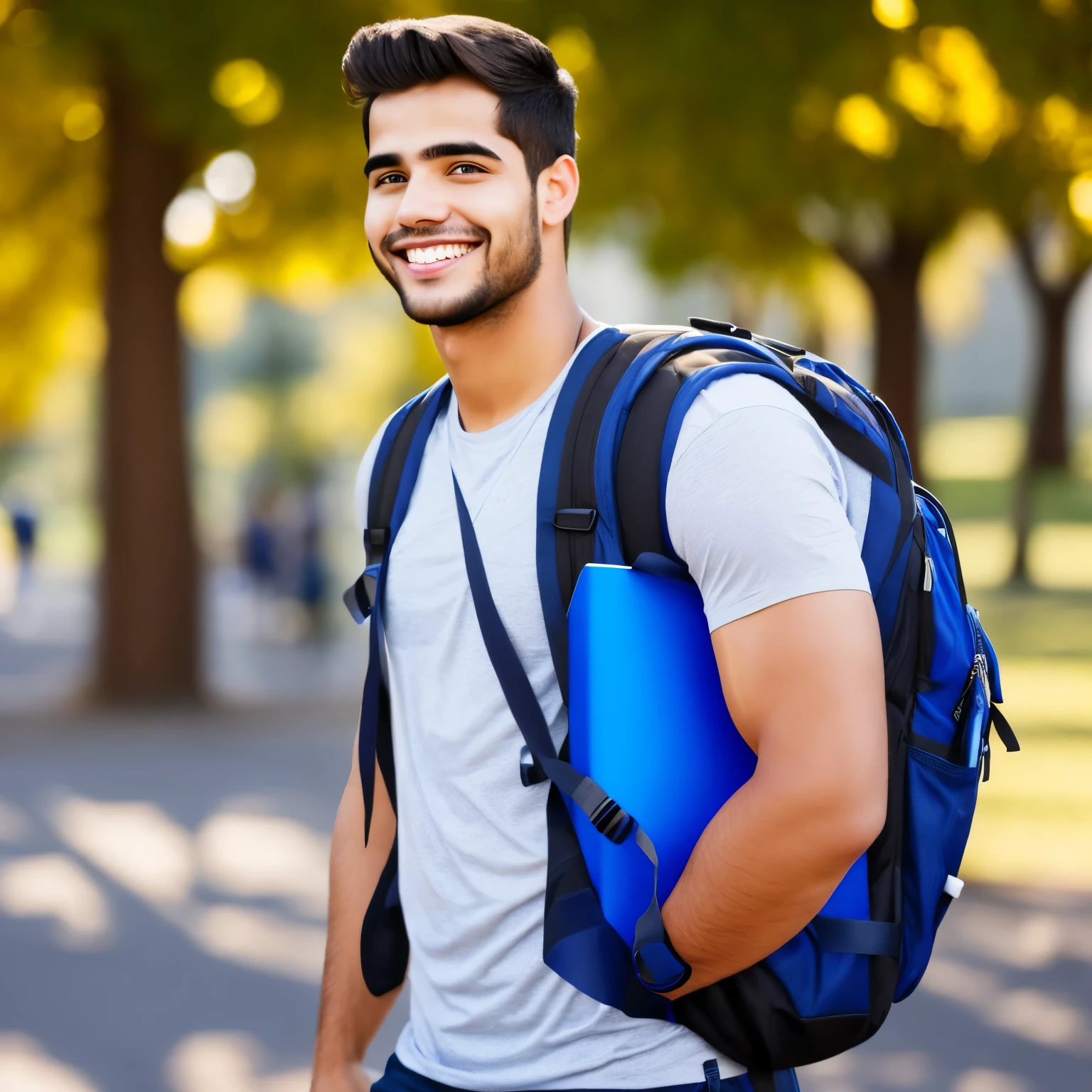 male college student with backpack, ultrarealistic, smiling