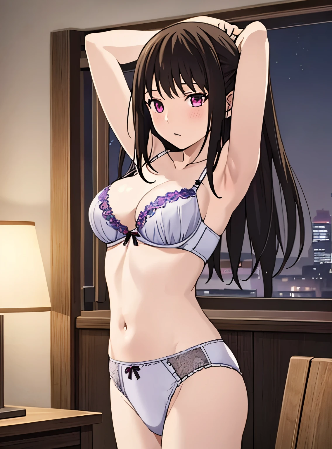 1girl, bangs, black hair,solo, blush, looking at the viewer, arms up, sexy pos e, cute, bedroom, night, lamp, light off, white bra, breast, medium breast, white panties, masterpiece, perfect ???????