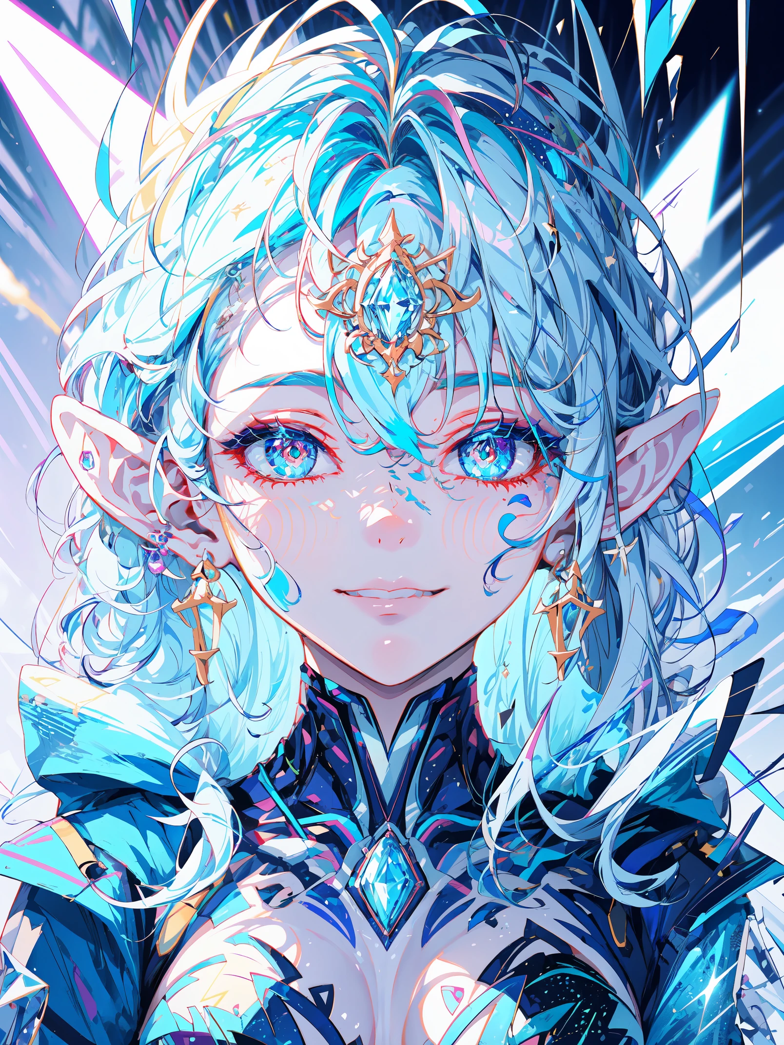 portrait of an ice elf, ice around, frosty theme, shiny yellow eyes, light cold smile, arrogant facial expression, sexy Russian style costume, Blue crystal jewelry, icy blue glowing tattoos,Detailed,Realistic,4k highly detail,by Mappa studios,masterpiece,best quality,official art,illustration,ligne claire,(cool_color),perfect composition,fantasy,focused,rule of third