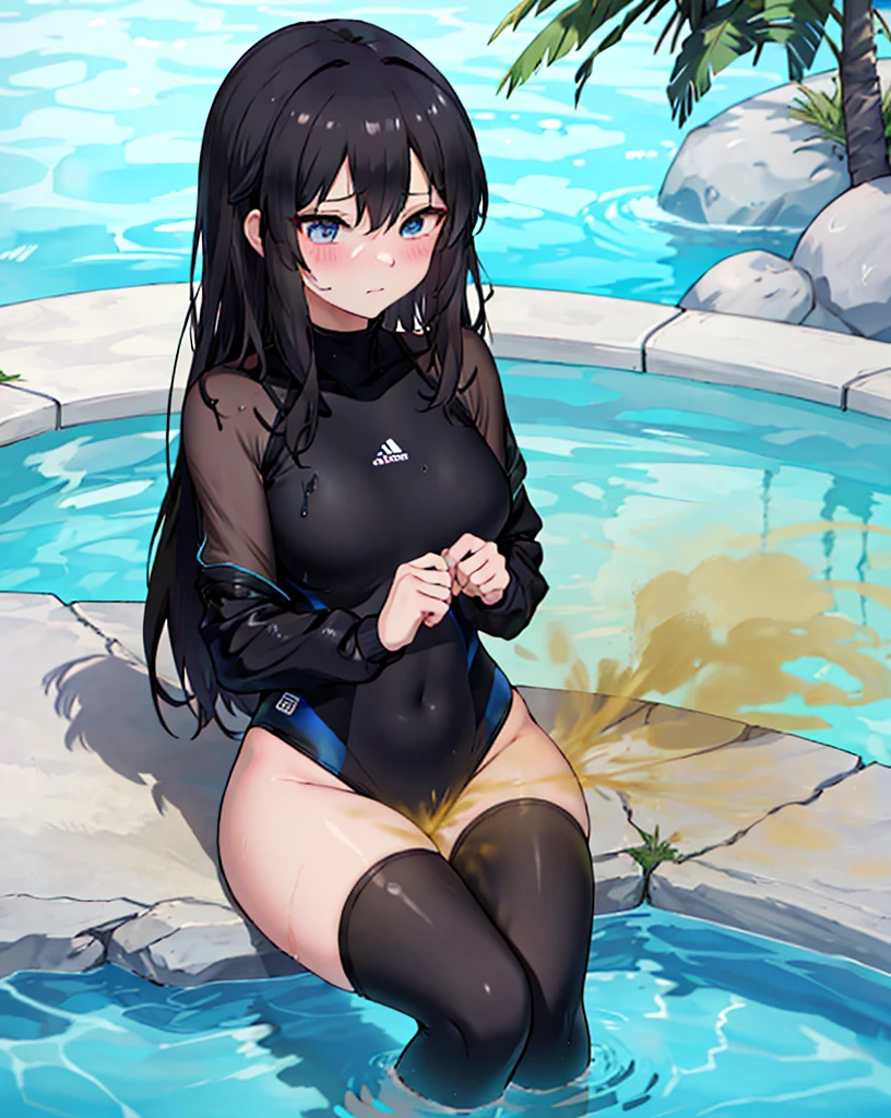 8K,(( 1 girl in)), Character focus,EVA ，‎Black tight swimsuit，By the pool，water dropletlack hair，cute，shy，fart