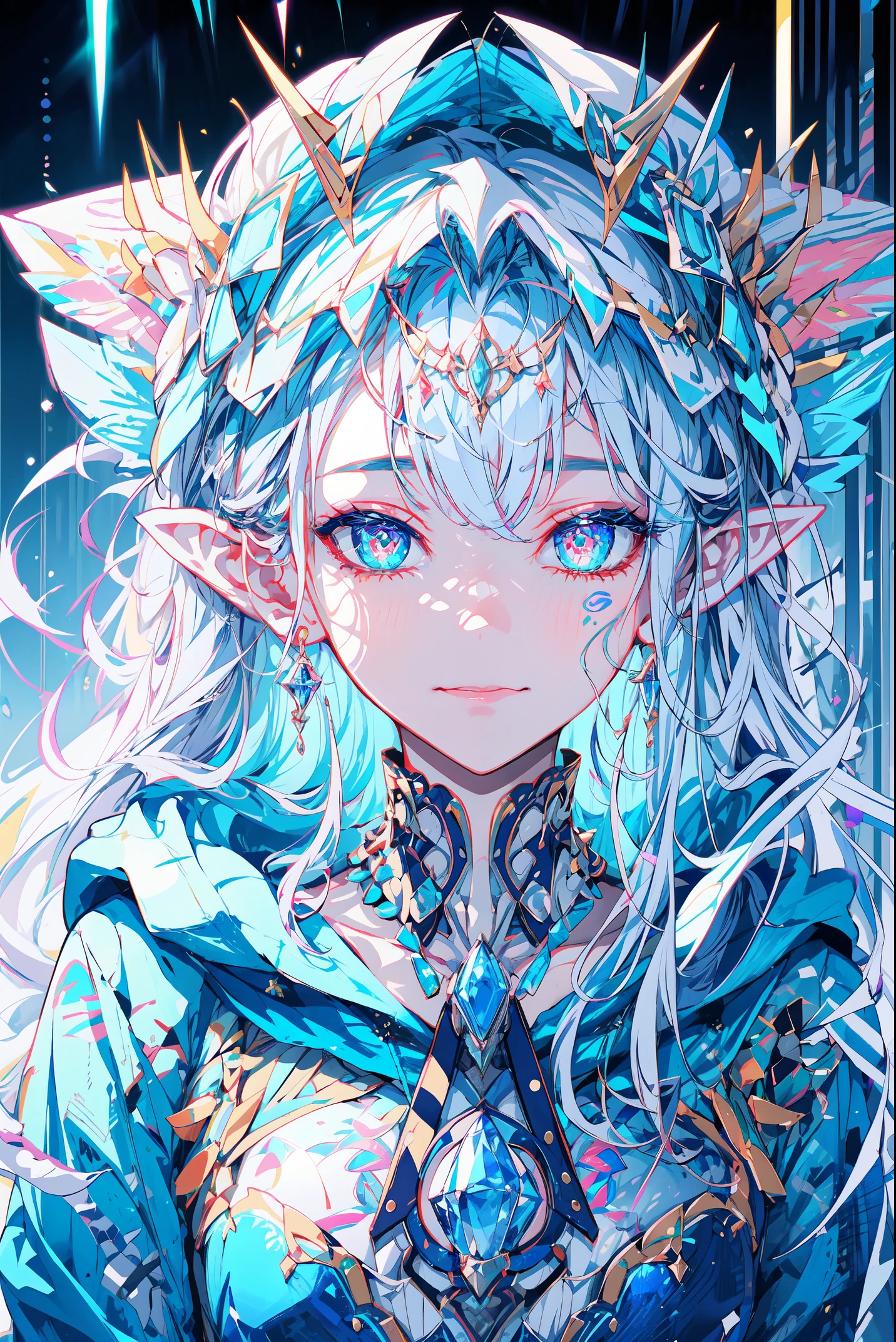 portrait of an ice elf, ice around, frosty theme, shiny yellow eyes, light cold smile, arrogant facial expression, sexy Russian style costume, Blue crystal jewelry, icy blue glowing tattoos,Detailed,Realistic,4k highly detail,by Mappa studios,masterpiece,best quality,official art,illustration,ligne claire,(cool_color),perfect composition,fantasy,focused,rule of third