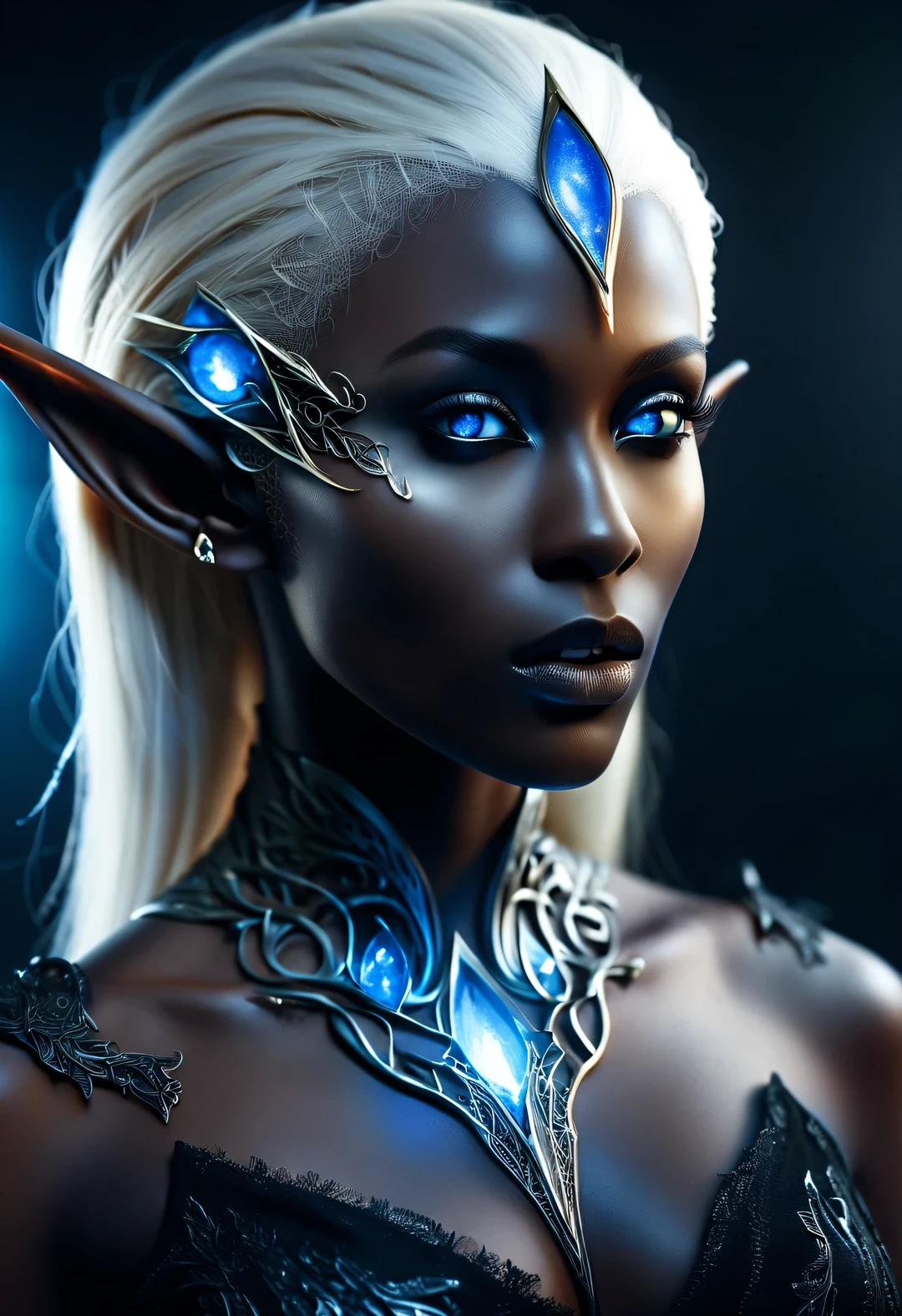 Charming nordic dark elf closeup portrait, blonde hair, blue eyes, Exceptionally beautiful, minimalist, eternal melancholy, Stylish photography style, Dramatic firefly light, black to black. Dark elves have dark skin and silver hair, This a symbol of asymmetrical composition, concept fantasy, intricate details