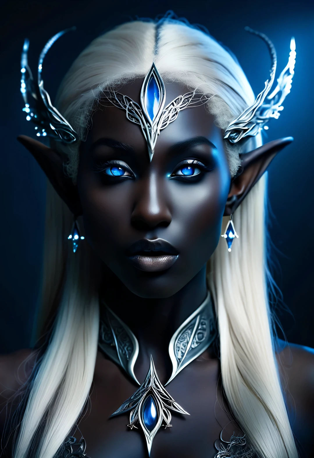 Charming nordic dark elf closeup portrait, blonde hair, blue eyes, Exceptionally beautiful, minimalist, eternal melancholy, Stylish photography style, Dramatic firefly light, black to black. Dark elves have dark skin and silver hair, This a symbol of asymmetrical composition, concept fantasy, intricate details