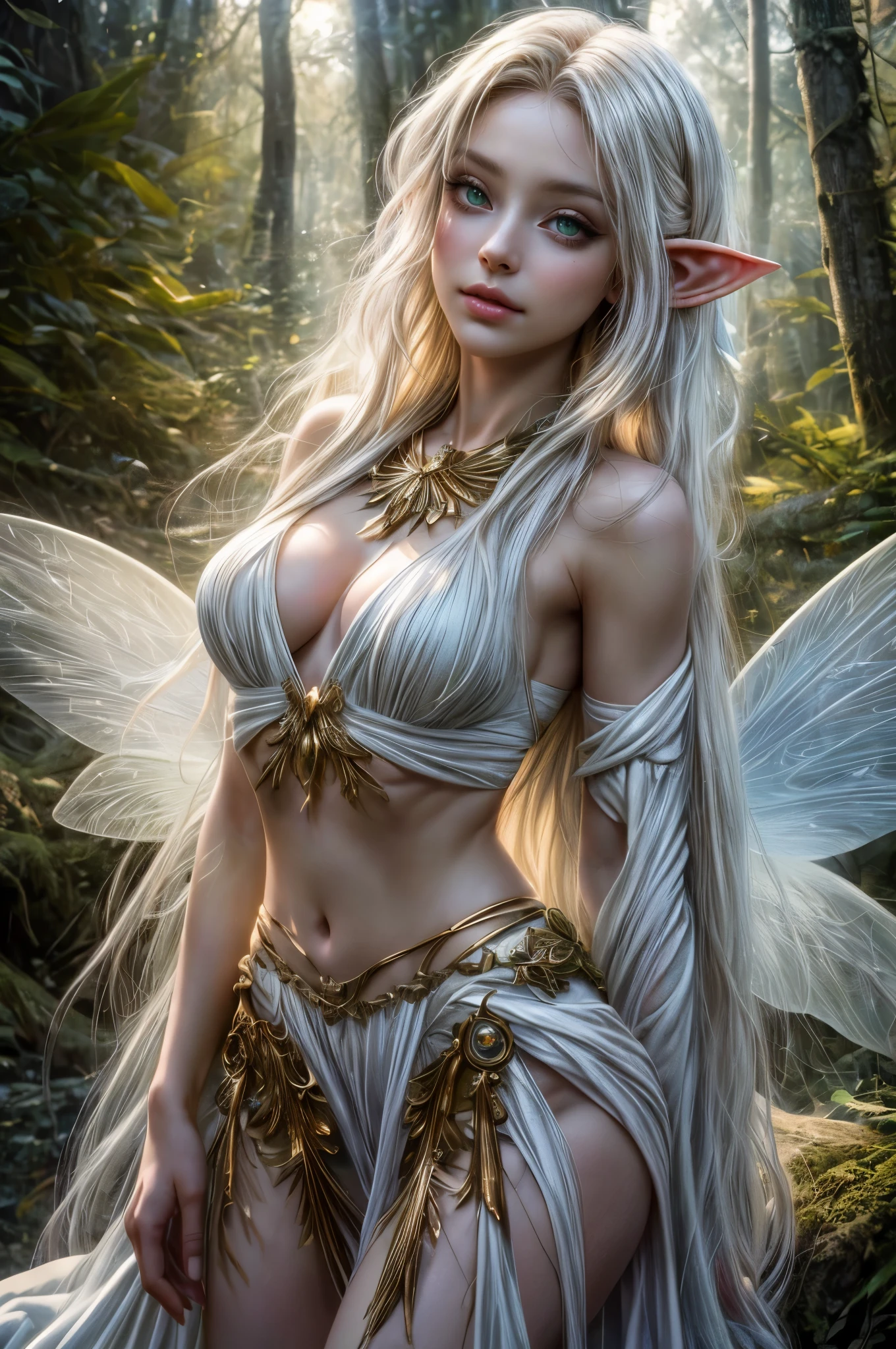 (best quality,4k,8k,highres,masterpiece:1.2),ultra-detailed,(realistic,photorealistic,photo-realistic:1.37),beautiful detailed eyes,beautiful detailed lips,extremely detailed eyes and face,longeyelashes,green shiny eyes,elf girl,gorgeous,soft and flawless skin,delicate facial features,sparkling emerald eyes,piercing gaze,ethereal beauty,expressive eyes,long wavy golden hair,flowing locks,graceful and elegant appearance,enchanted forest background,dappled sunlight filtering through the trees,soft and gentle lighting,magical atmosphere,dreamlike setting,fairies dancing in the background,subtle hints of shimmering magic,a touch of fantasy,enchanted aura,vibrant and saturated colors,delicate and intricate details,ethereal and otherworldly presence