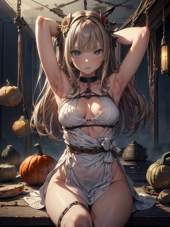 ((masterpiece)), ((highest quality)), (super detailed), NSFW, ((torture部屋)),(torture),(((Gourd blame))),pretty girl, 1 girl, alone, (white mini tank top dress),(The chained arms are bound、Can be hung from the ceiling),((thin waist)),((BDSM)),beautiful brown hair, beautiful blue eyes beautiful eyes), long hair,troubled expression