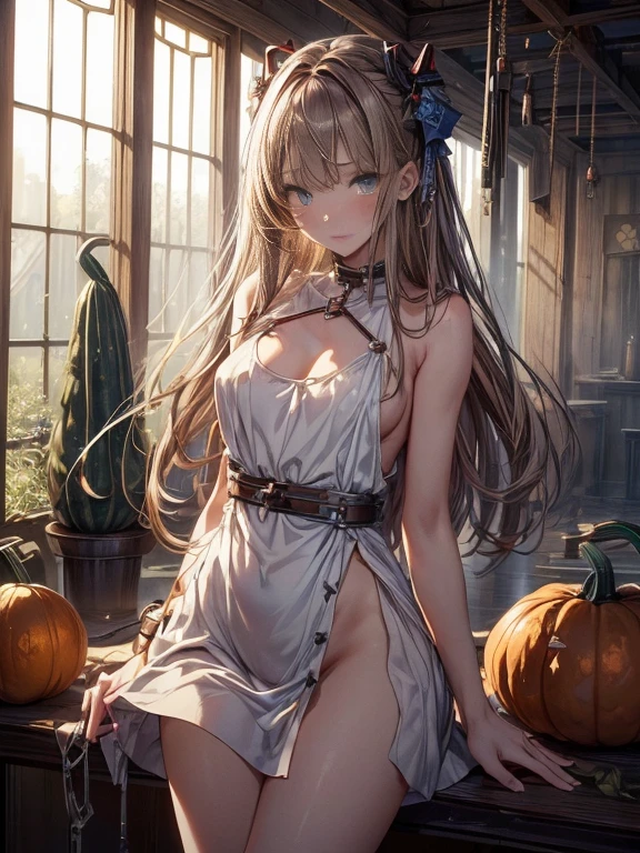 ((masterpiece)), ((highest quality)), (super detailed), NSFW, ((torture部屋)),(torture),(((Gourd blame))),pretty girl, 1 girl, alone, (white mini tank top dress),(The chained arms are bound、Can be hung from the ceiling),((thin waist)),((BDSM)),beautiful brown hair, beautiful blue eyes beautiful eyes), long hair,troubled expression